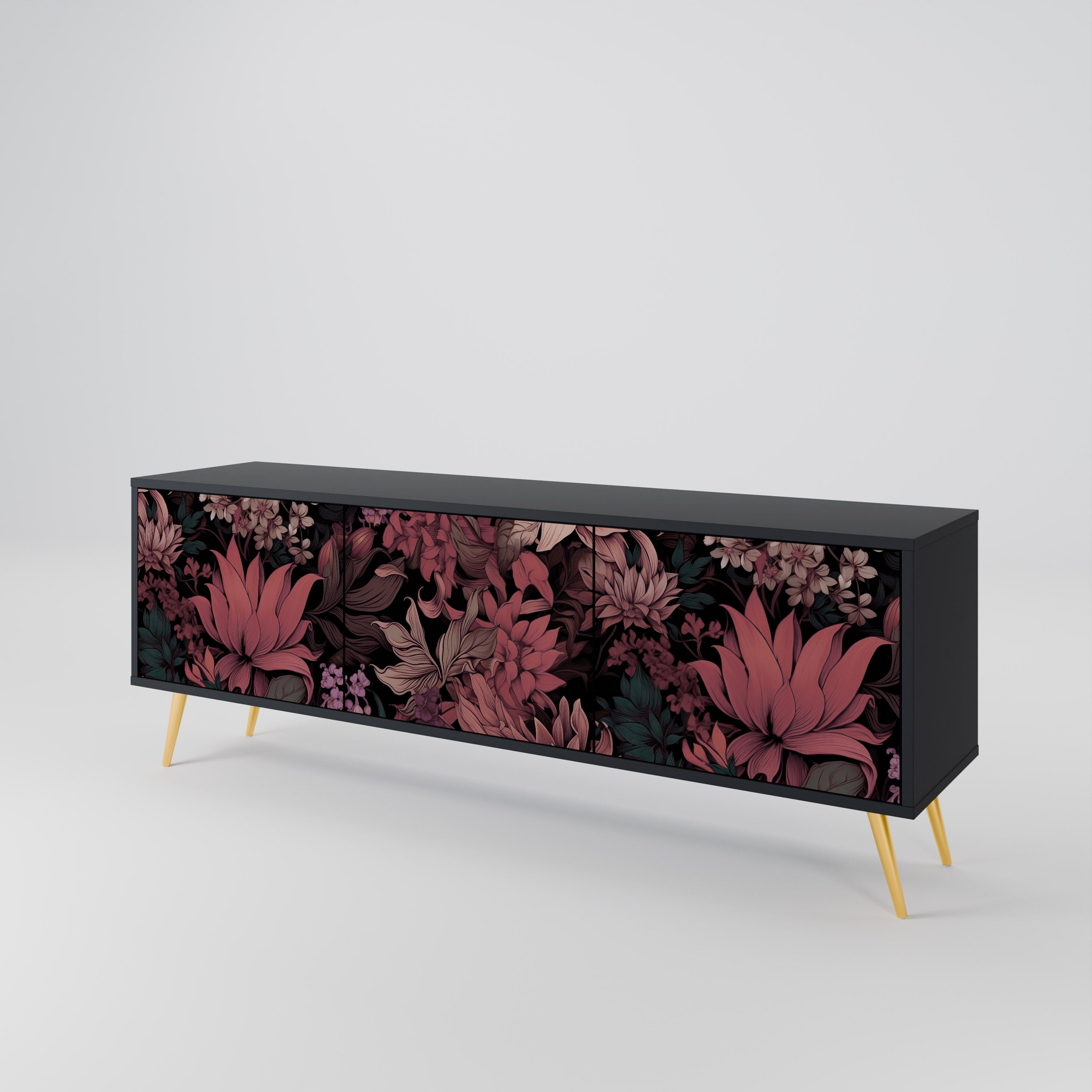 FLORAL WHISPER 3-Door TV Stand in Black Finish