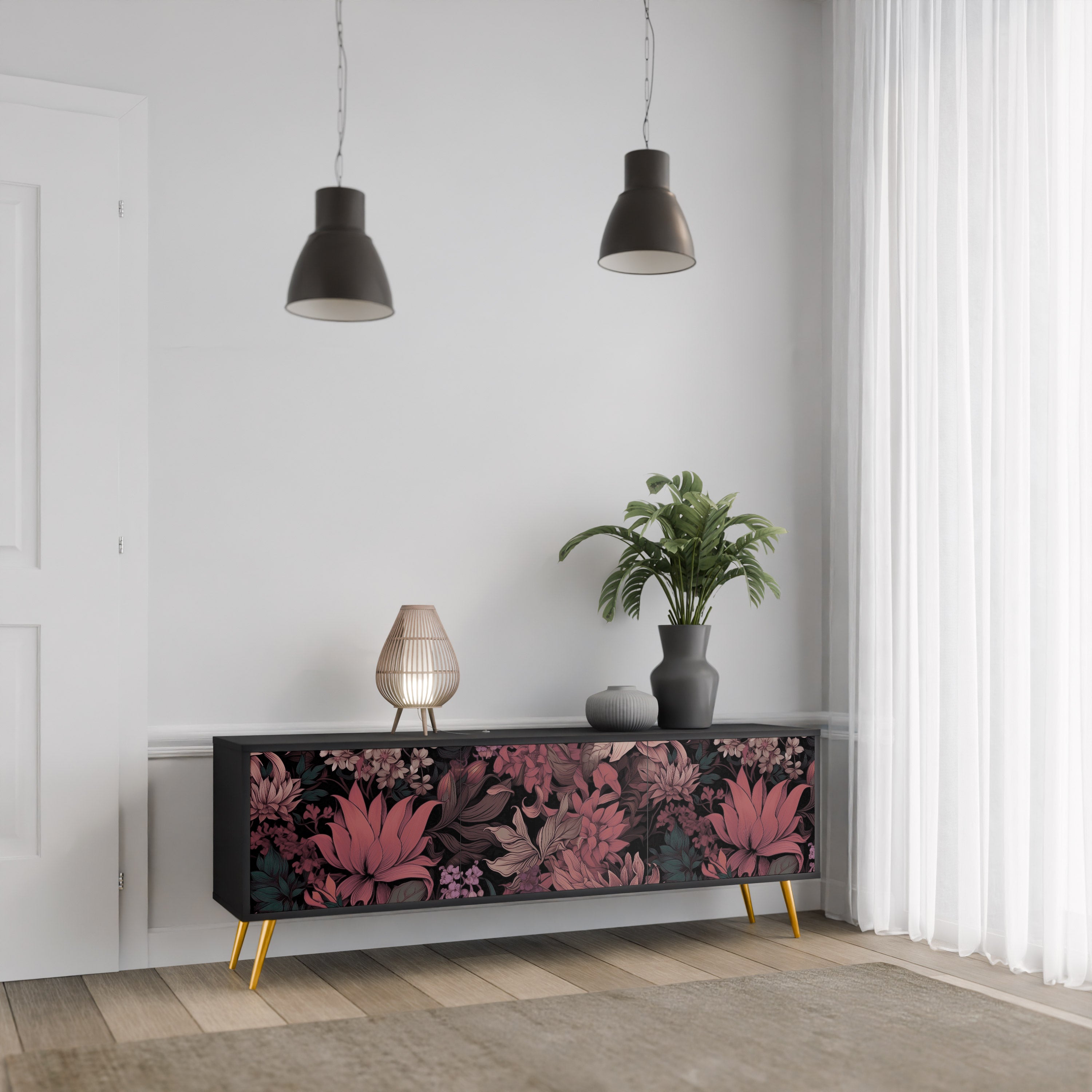 FLORAL WHISPER 3-Door TV Stand in Black Finish