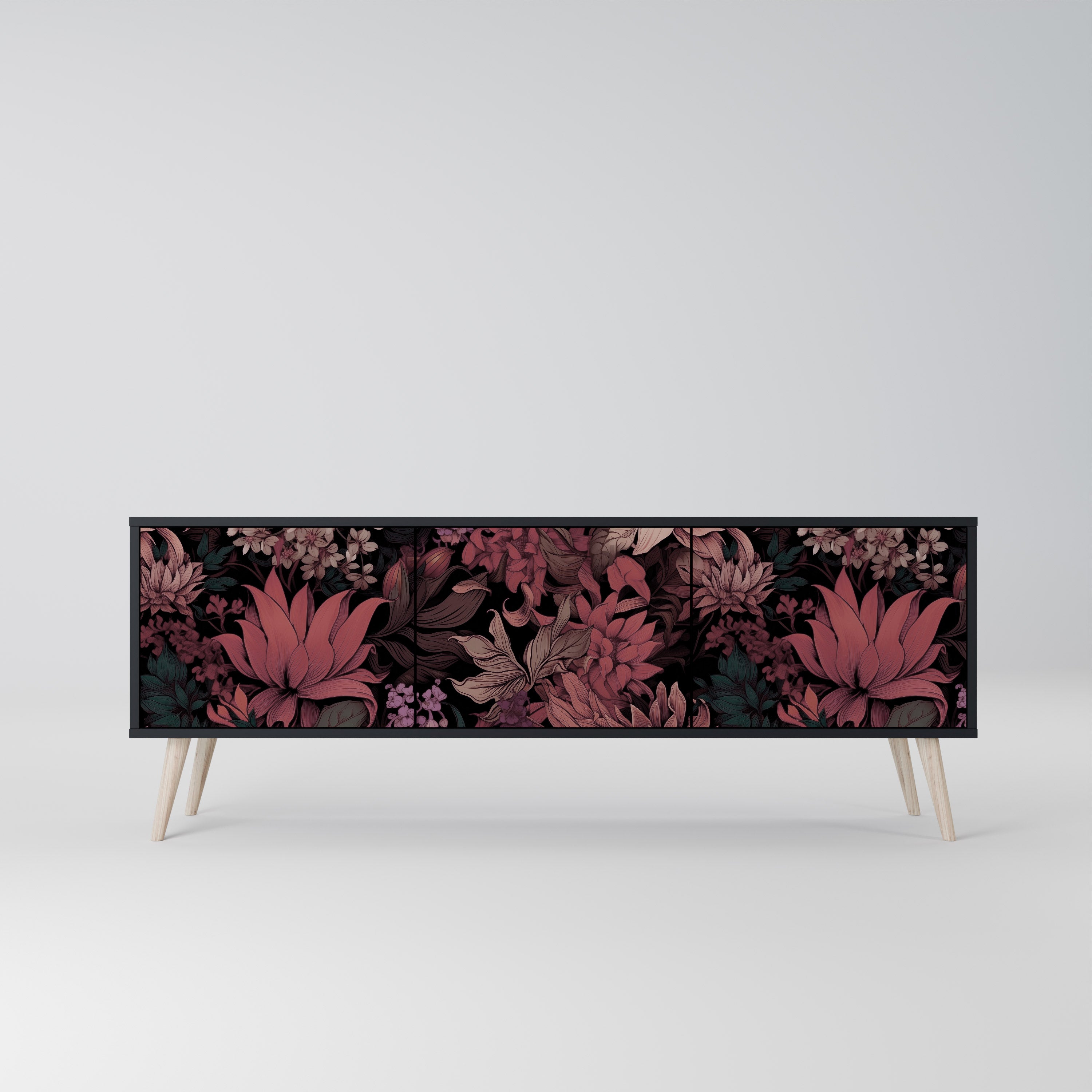 FLORAL WHISPER 3-Door TV Stand in Black Finish