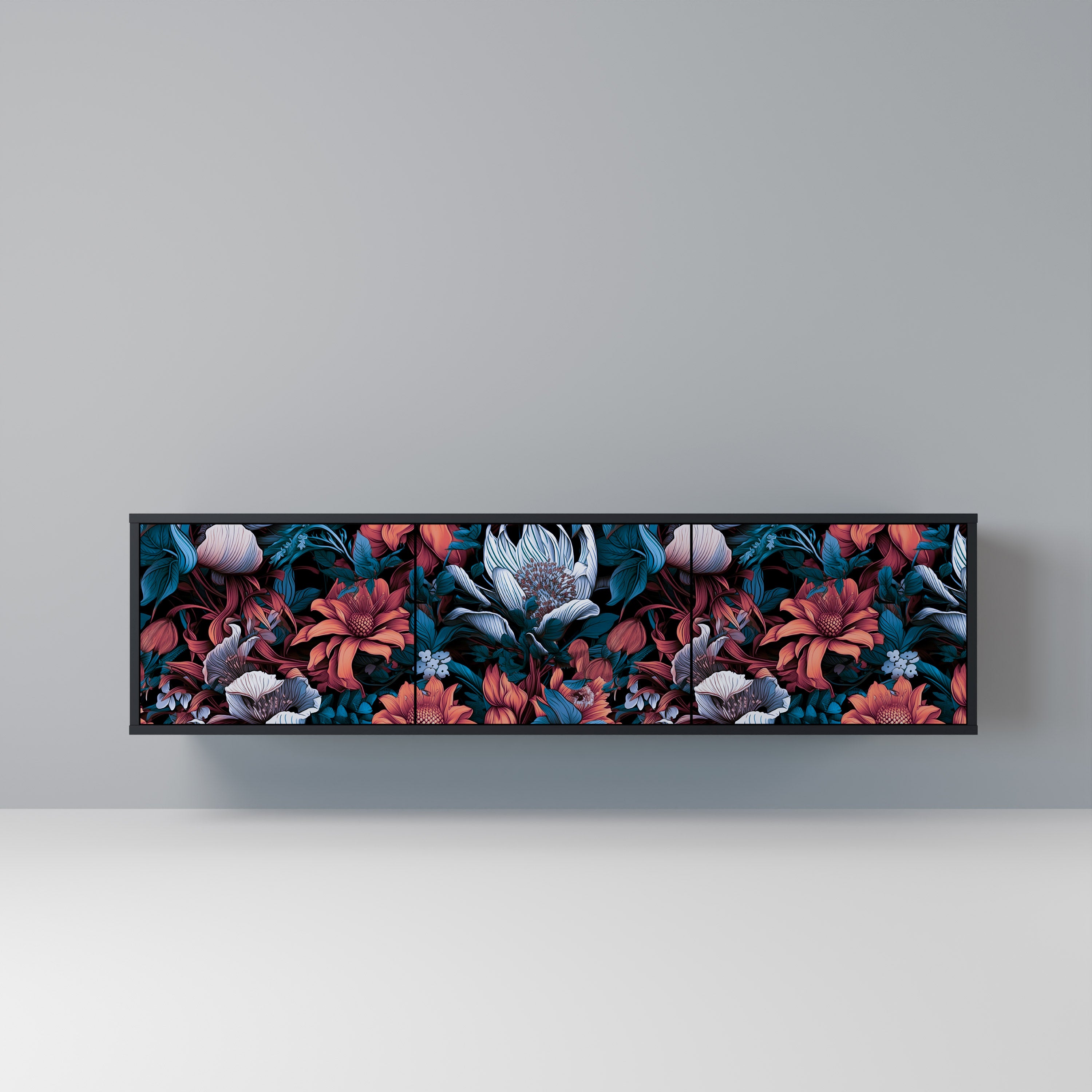 ETHEREAL BLOSSOMS 3-Door TV Stand in Black Finish
