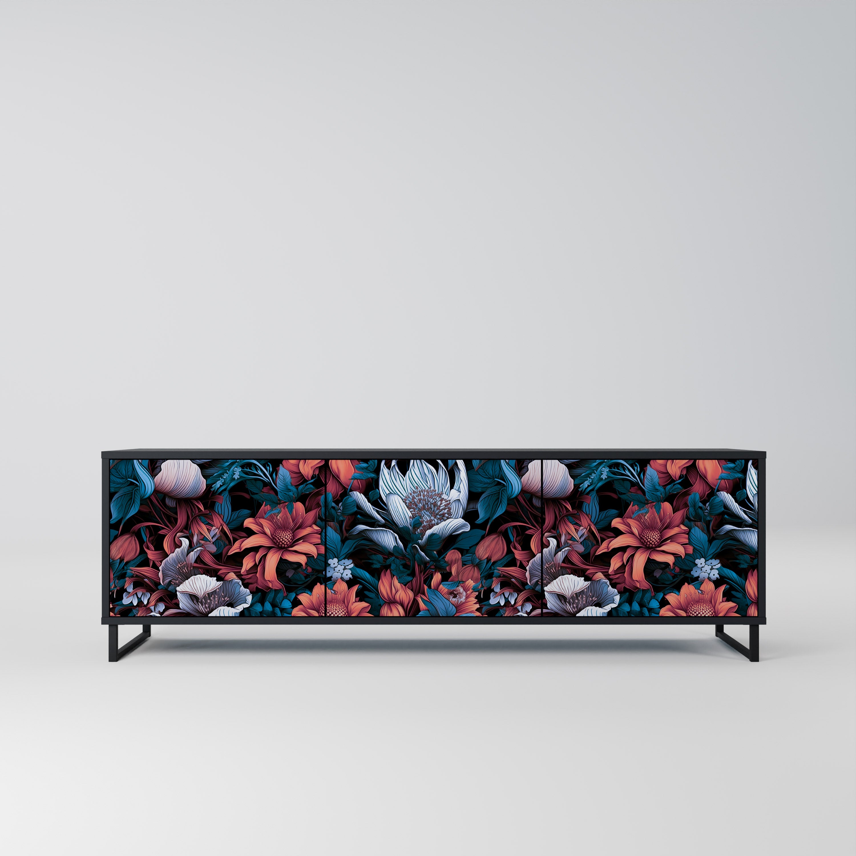 ETHEREAL BLOSSOMS 3-Door TV Stand in Black Finish