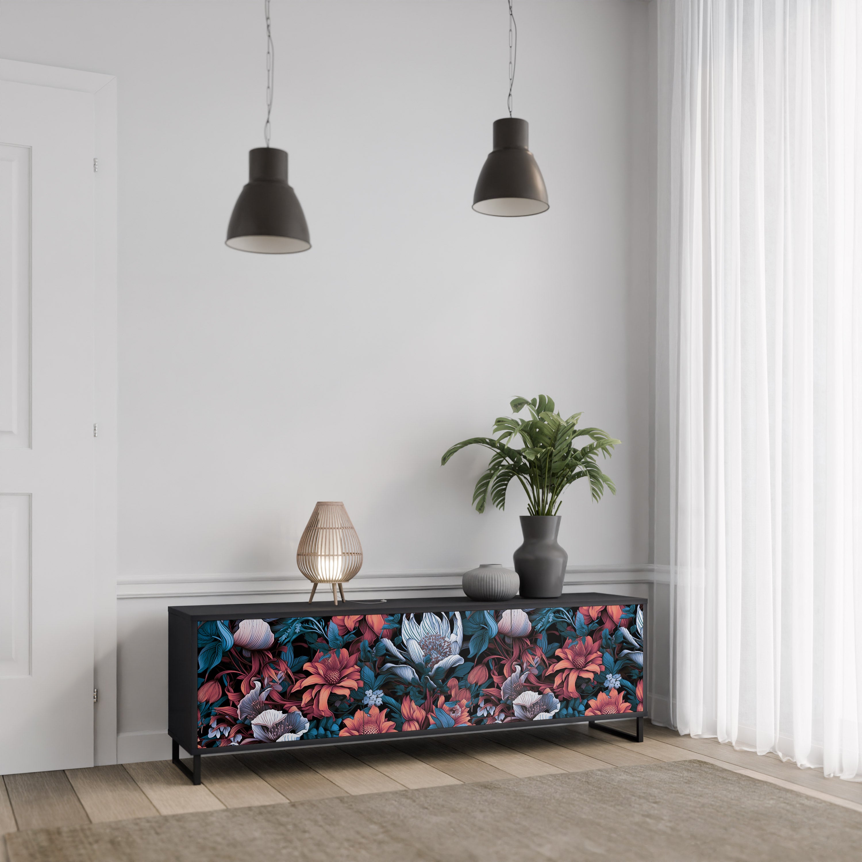 ETHEREAL BLOSSOMS 3-Door TV Stand in Black Finish