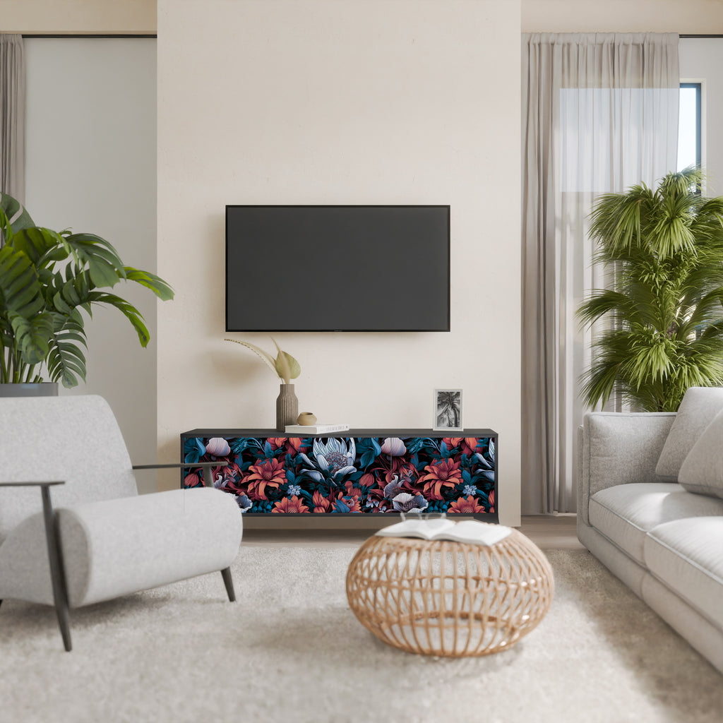 ETHEREAL BLOSSOMS 3-Door TV Stand in Black Finish