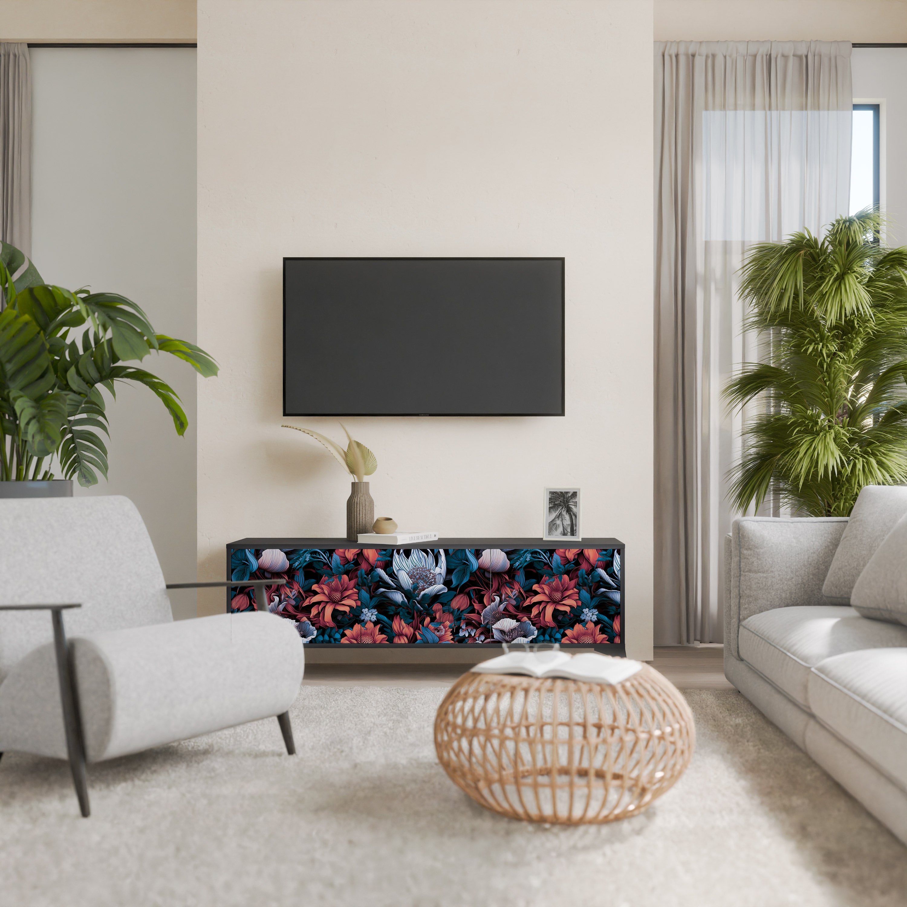 ETHEREAL BLOSSOMS 3-Door TV Stand in Black Finish