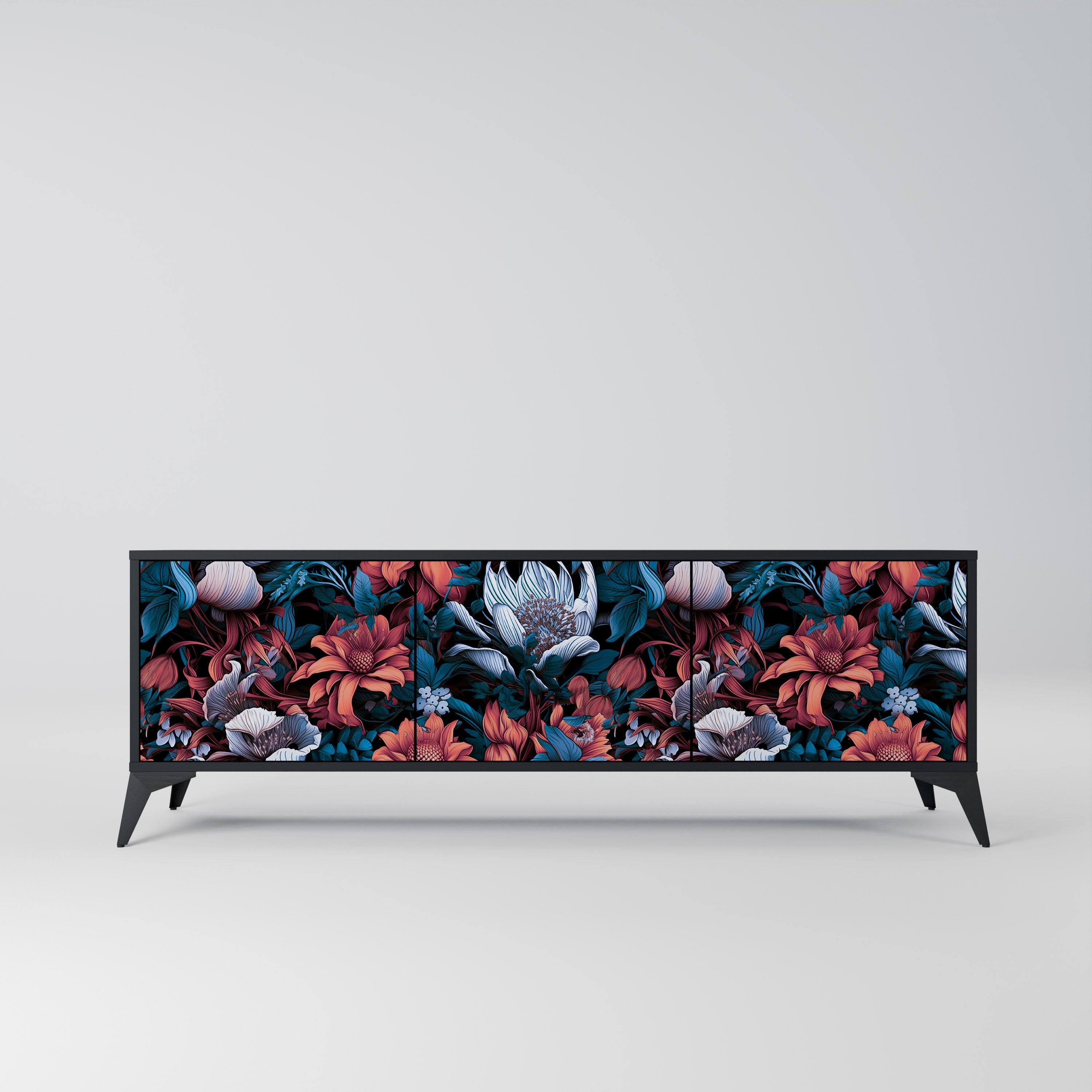 ETHEREAL BLOSSOMS 3-Door TV Stand in Black Finish