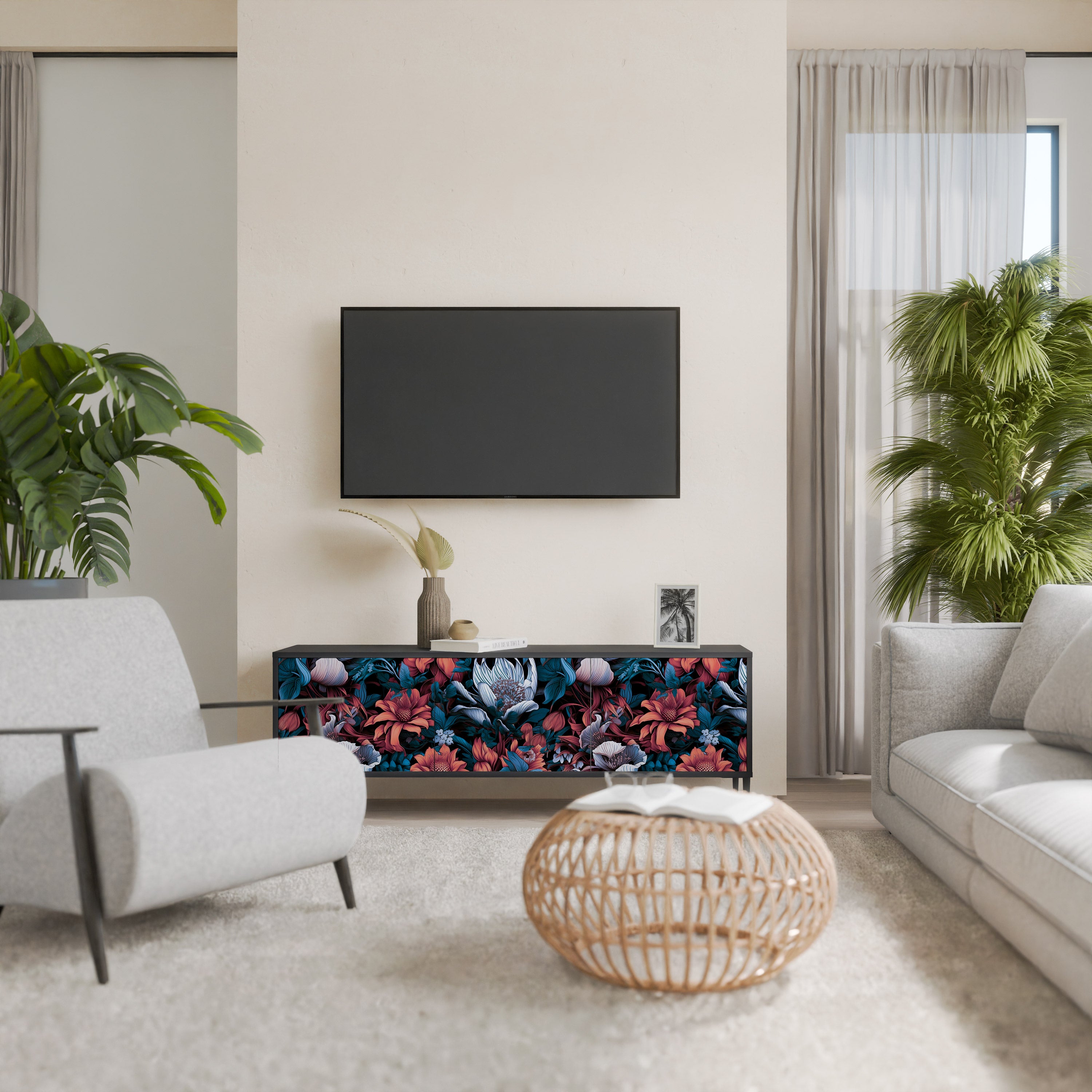 ETHEREAL BLOSSOMS 3-Door TV Stand in Black Finish