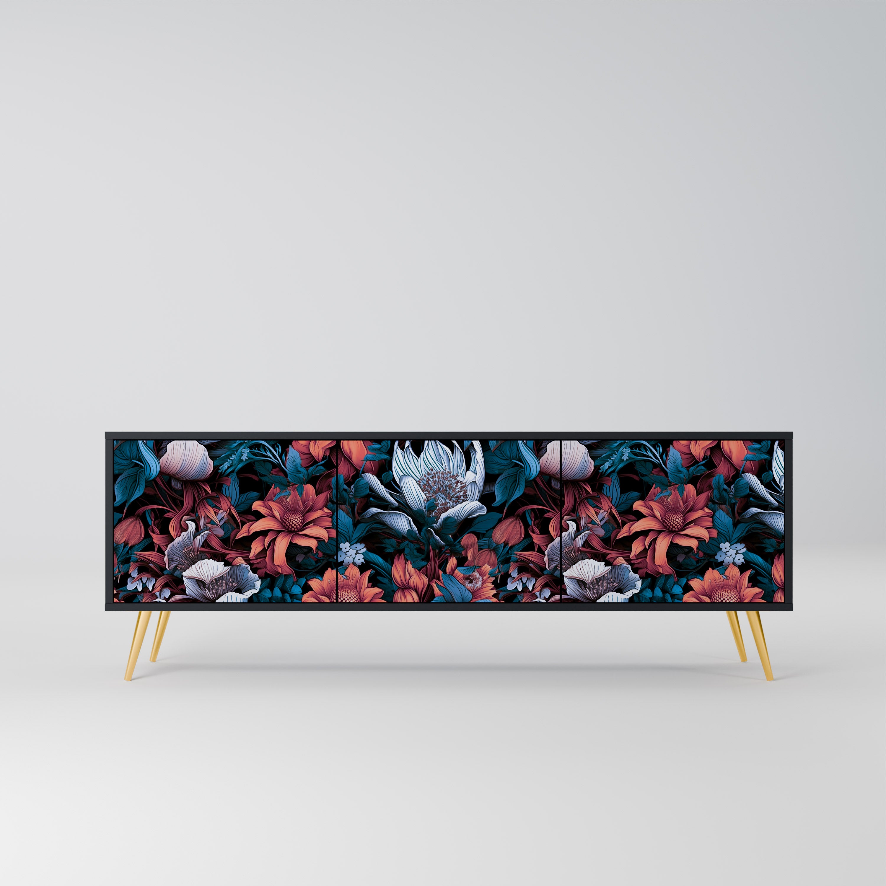 ETHEREAL BLOSSOMS 3-Door TV Stand in Black Finish