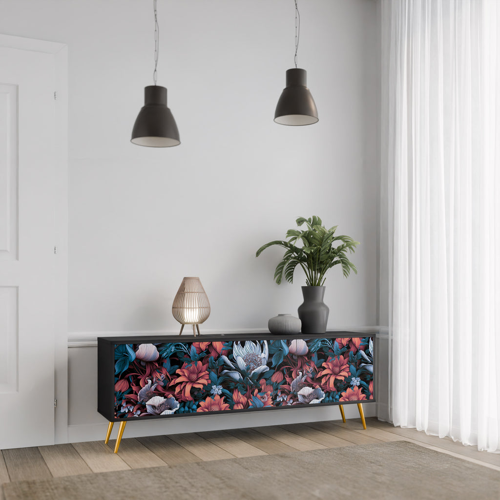 ETHEREAL BLOSSOMS 3-Door TV Stand in Black Finish