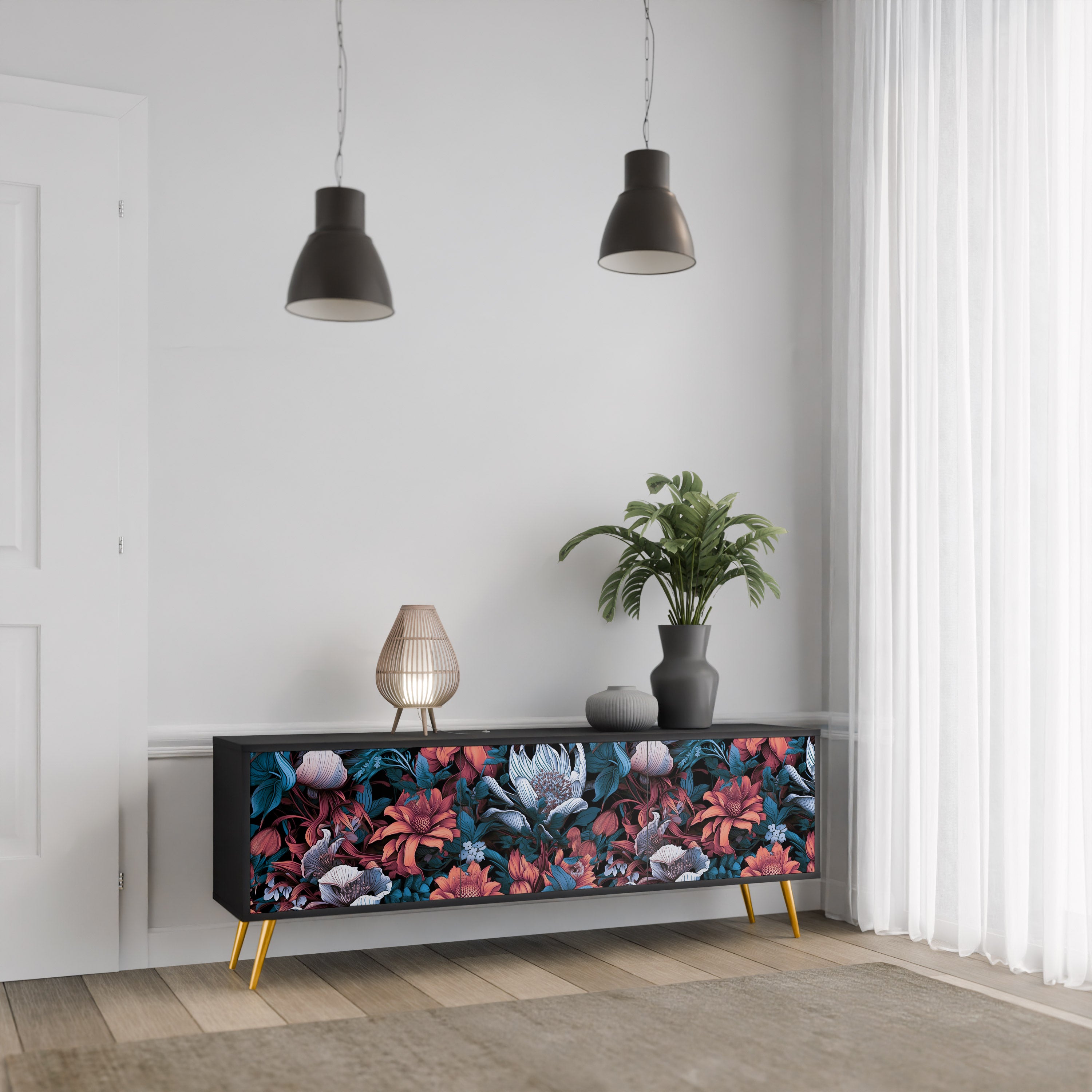 ETHEREAL BLOSSOMS 3-Door TV Stand in Black Finish