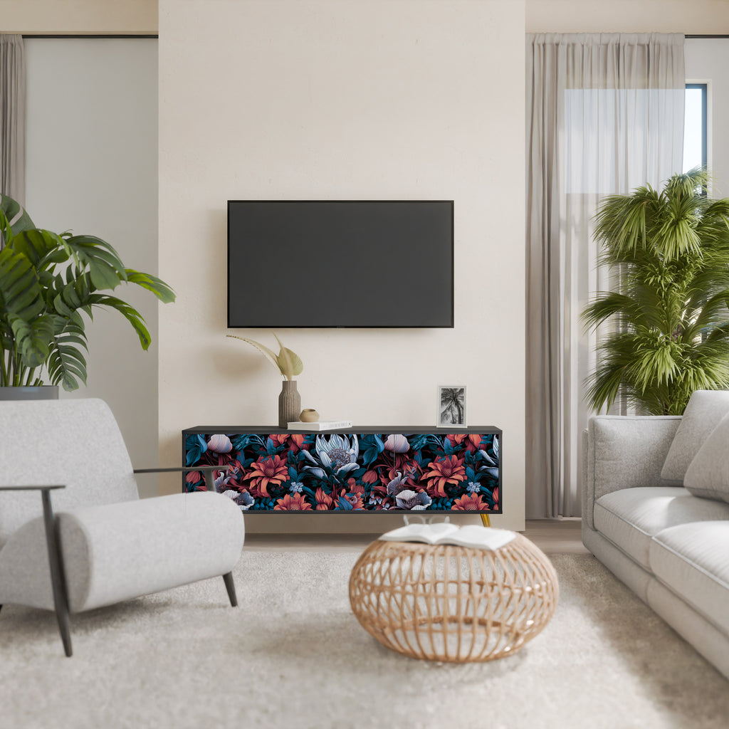 ETHEREAL BLOSSOMS 3-Door TV Stand in Black Finish
