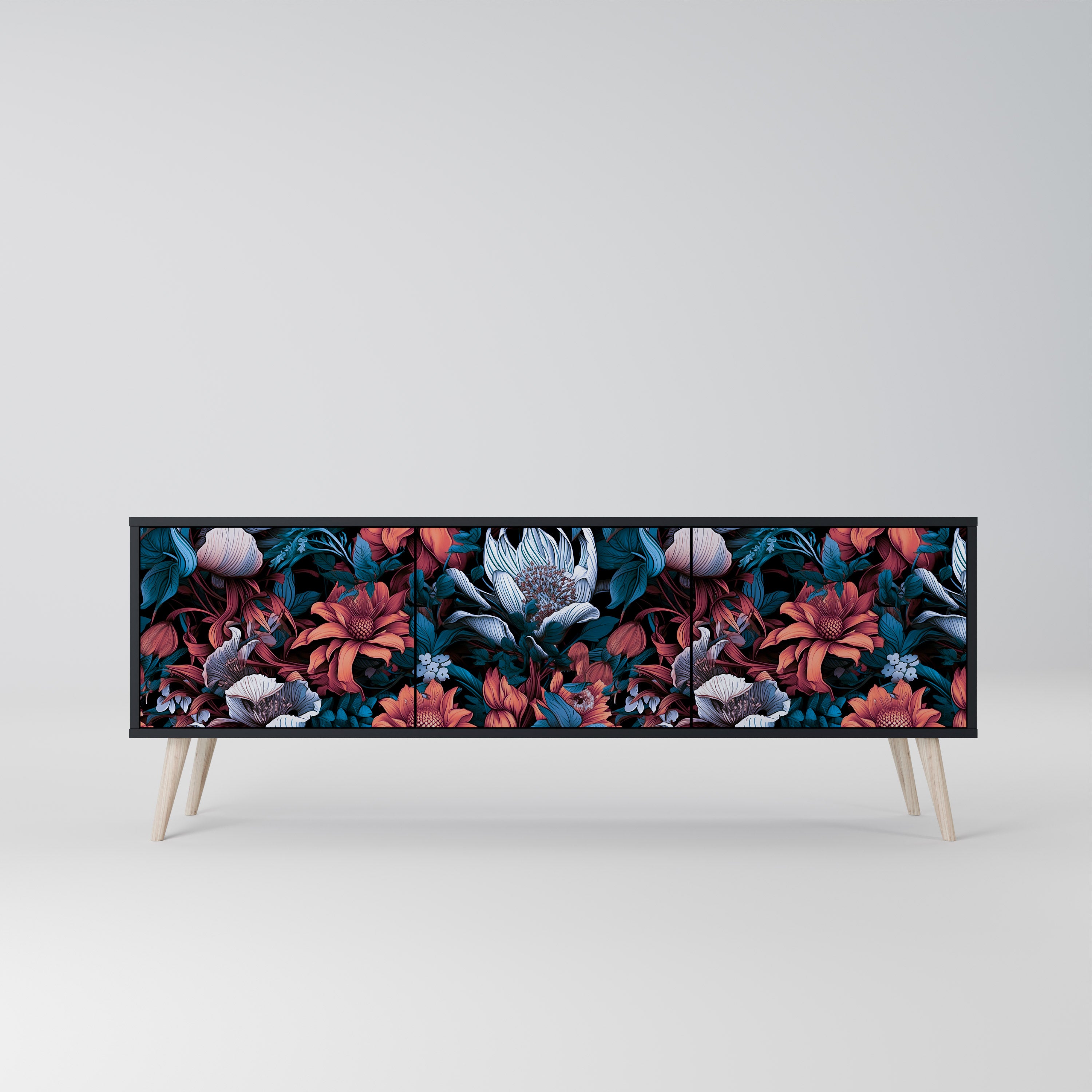 ETHEREAL BLOSSOMS 3-Door TV Stand in Black Finish