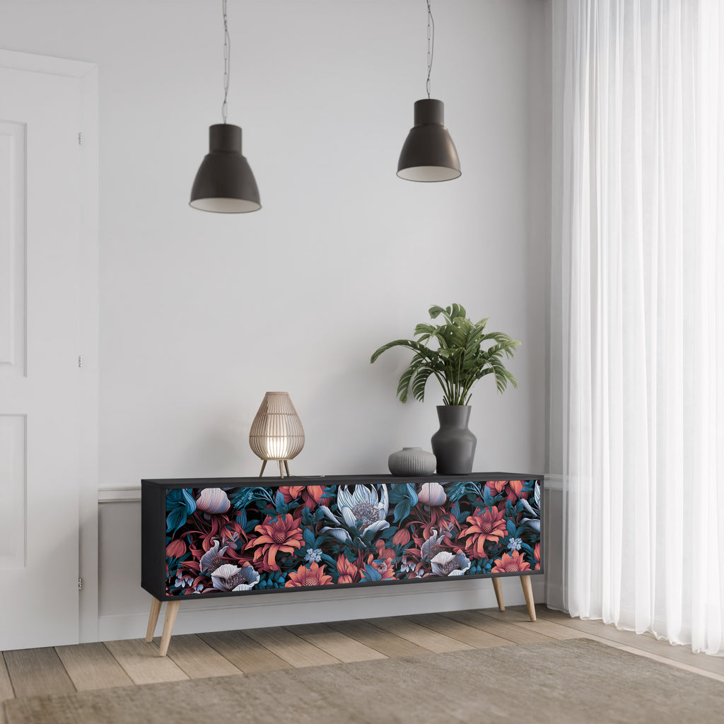 ETHEREAL BLOSSOMS 3-Door TV Stand in Black Finish