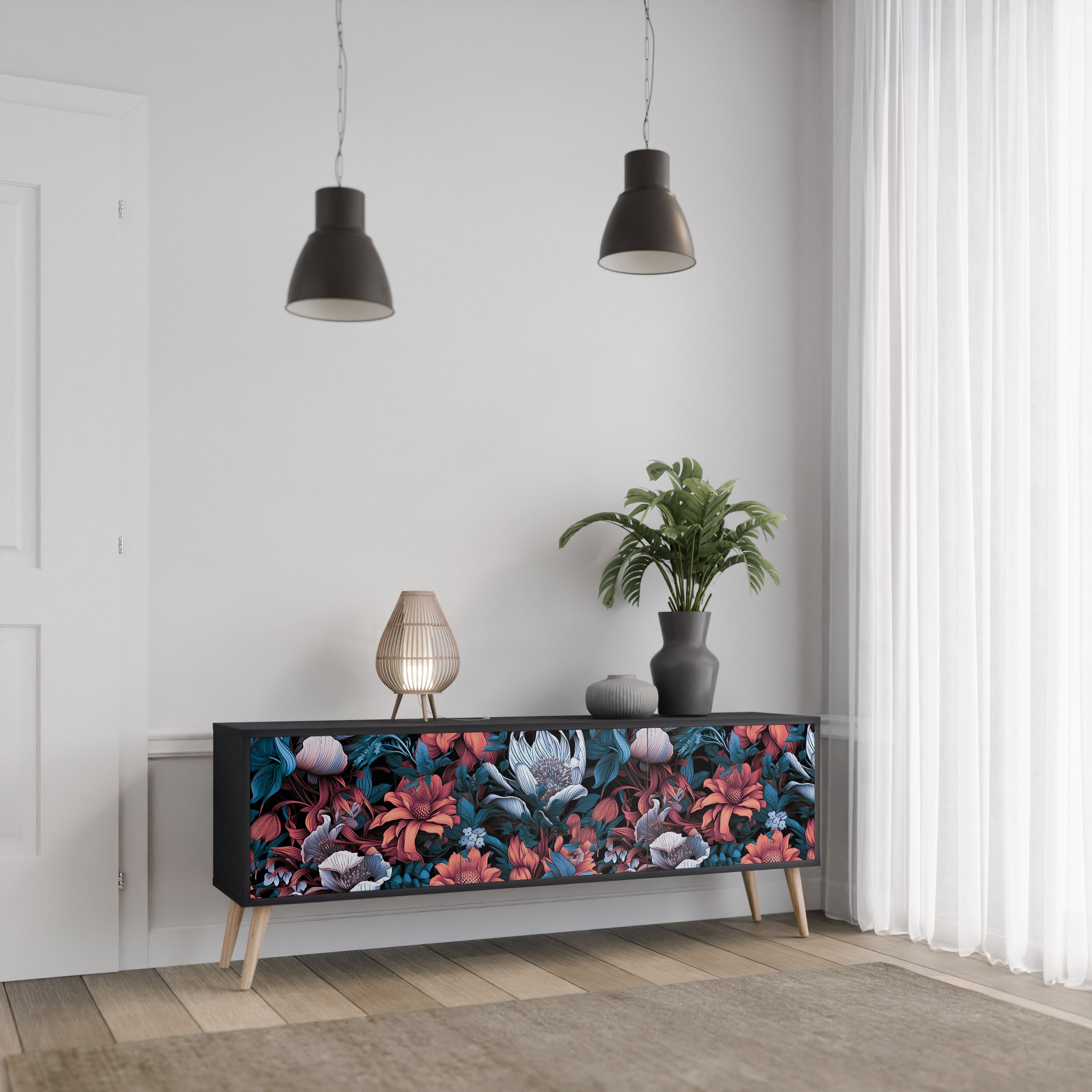 ETHEREAL BLOSSOMS 3-Door TV Stand in Black Finish