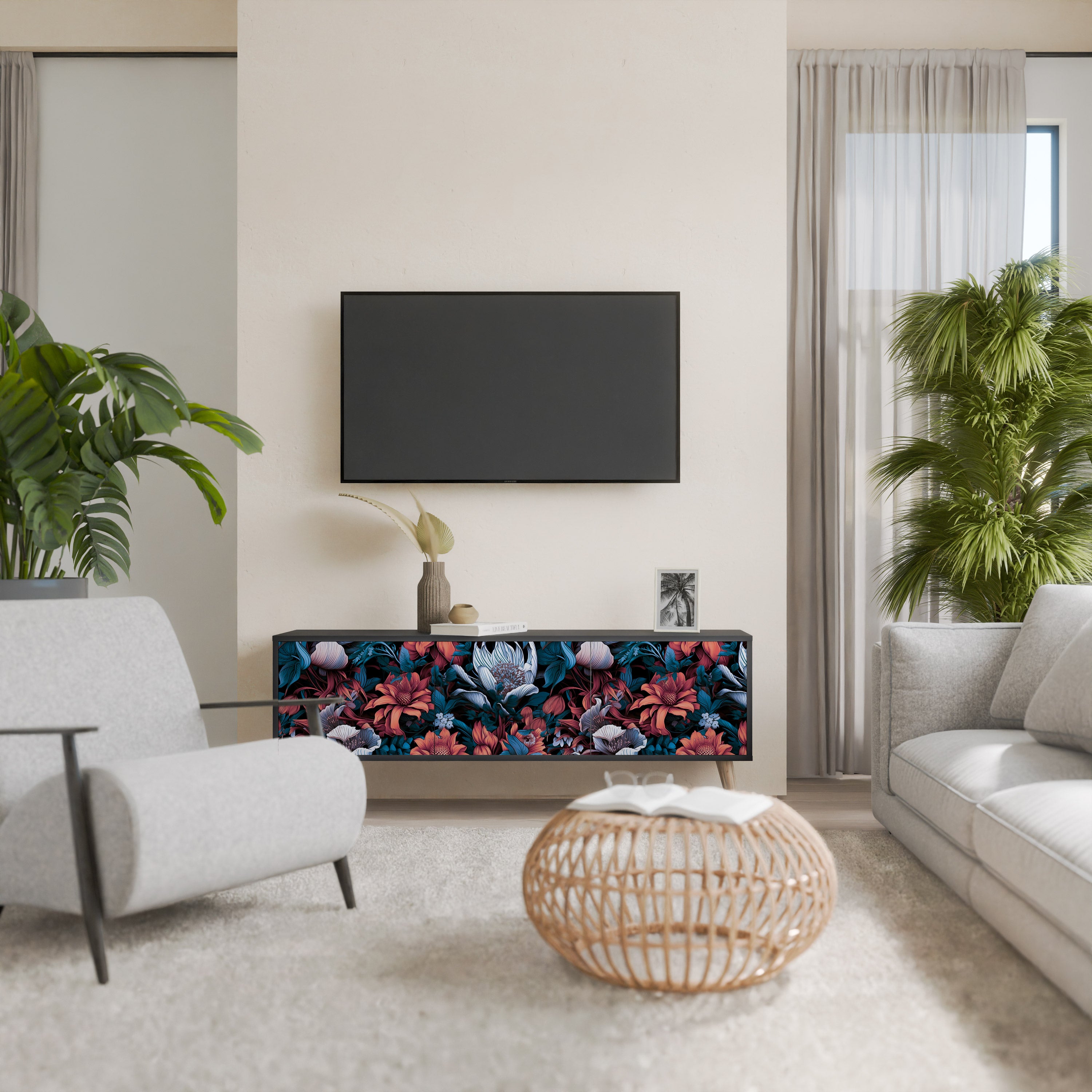 ETHEREAL BLOSSOMS 3-Door TV Stand in Black Finish