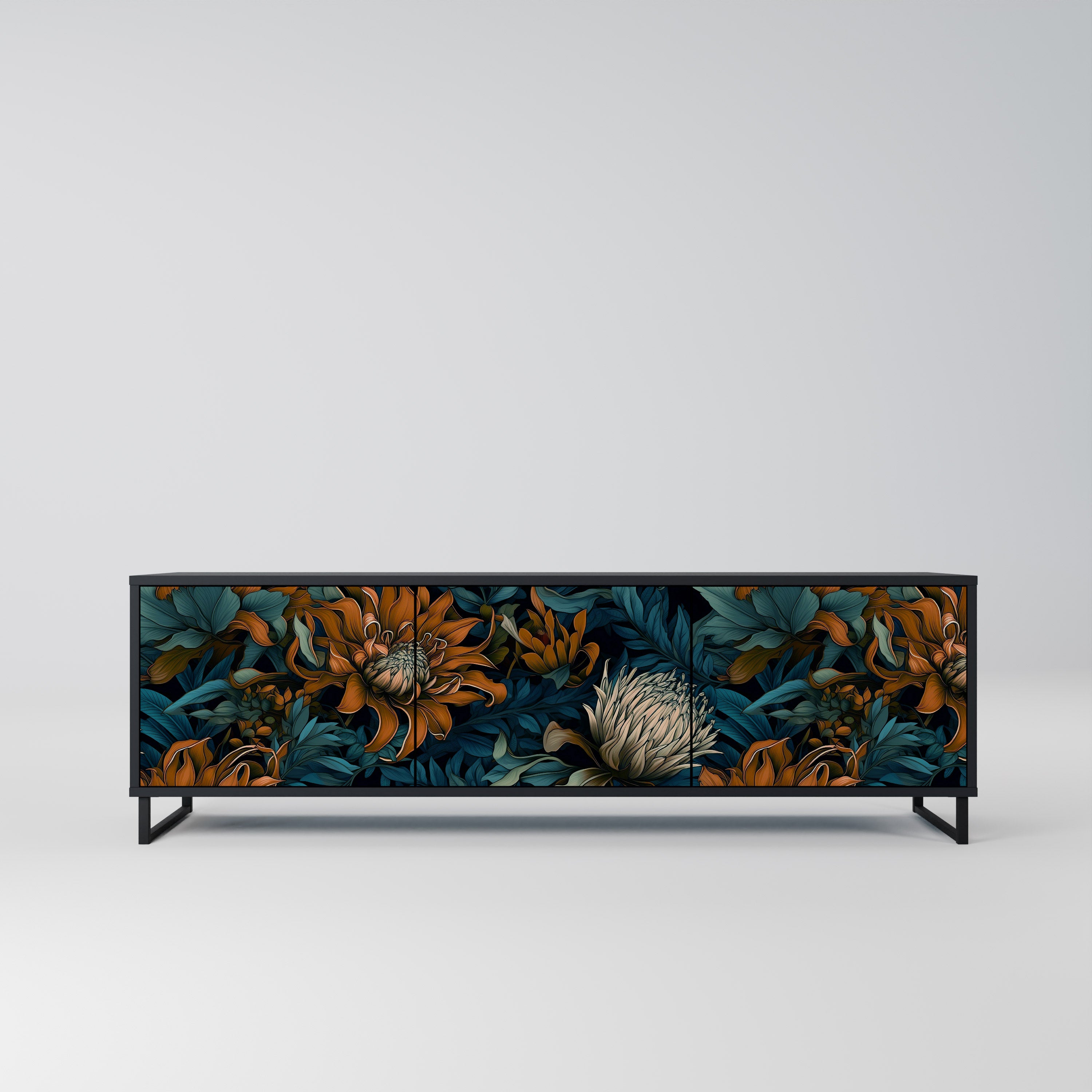 MORNING BLOOM 3-Door TV Stand in Black Finish