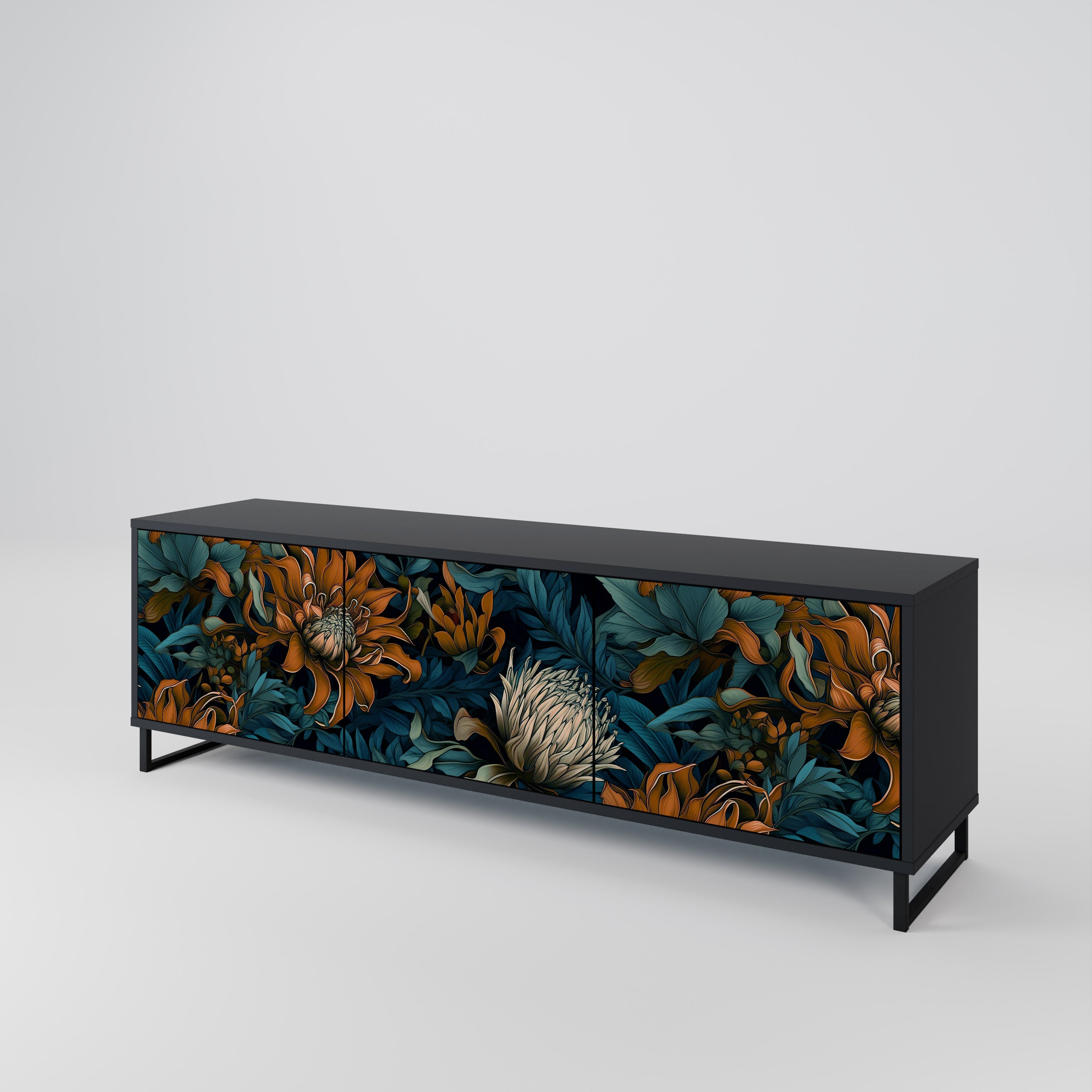 MORNING BLOOM 3-Door TV Stand in Black Finish
