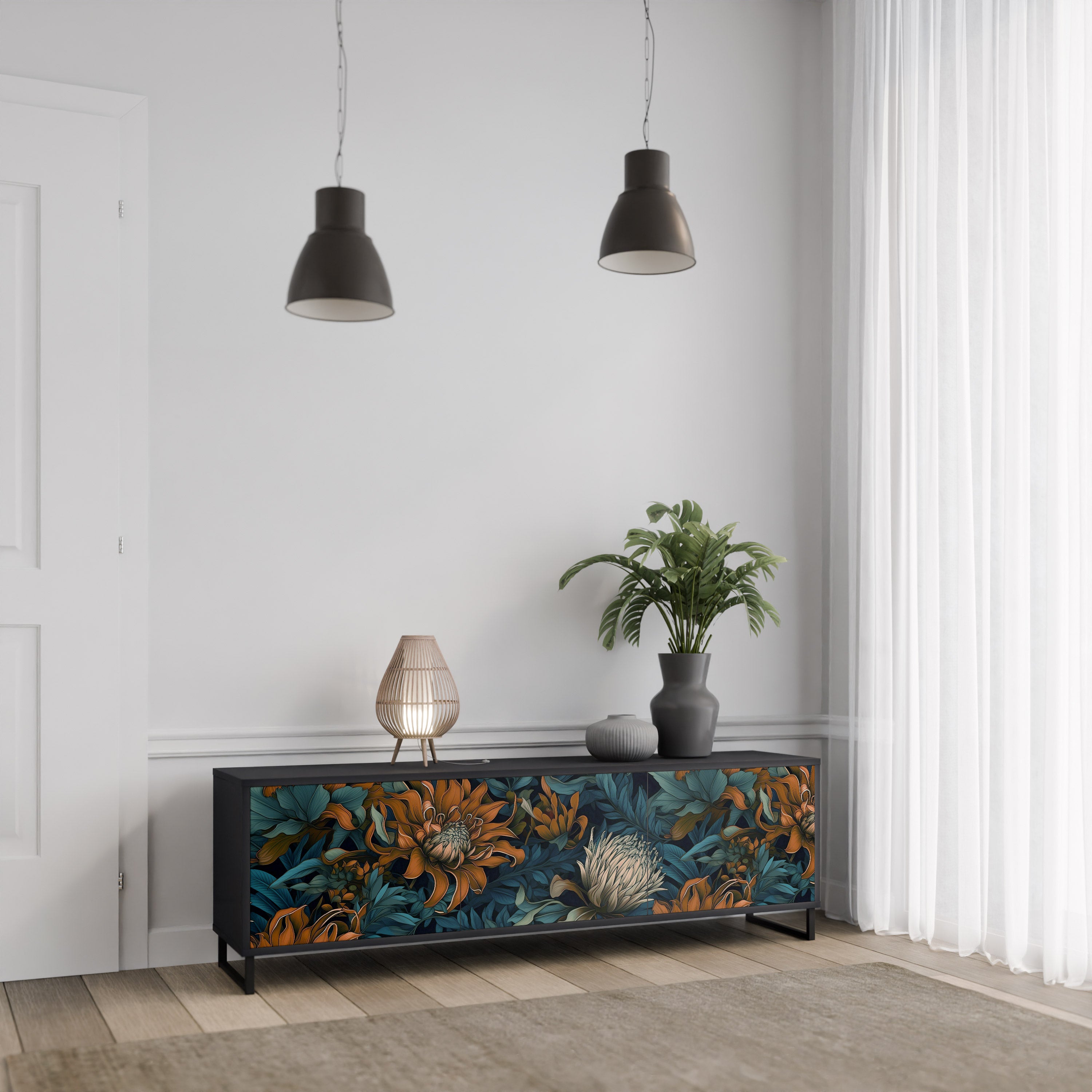 MORNING BLOOM 3-Door TV Stand in Black Finish