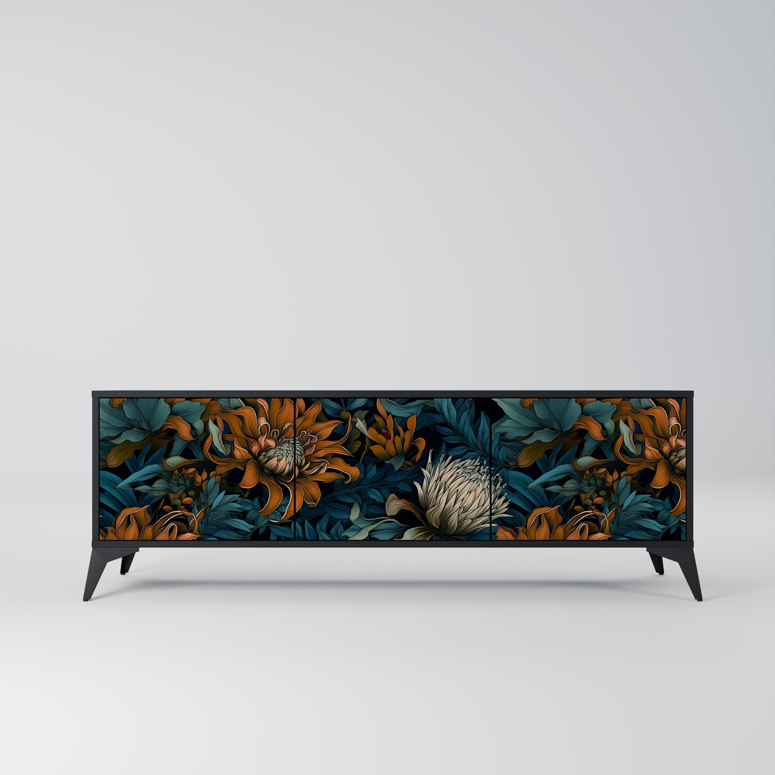 MORNING BLOOM 3-Door TV Stand in Black Finish
