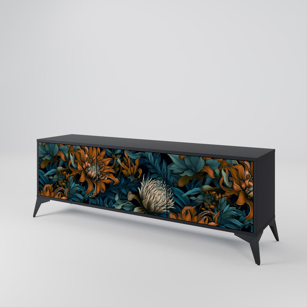 MORNING BLOOM 3-Door TV Stand in Black Finish