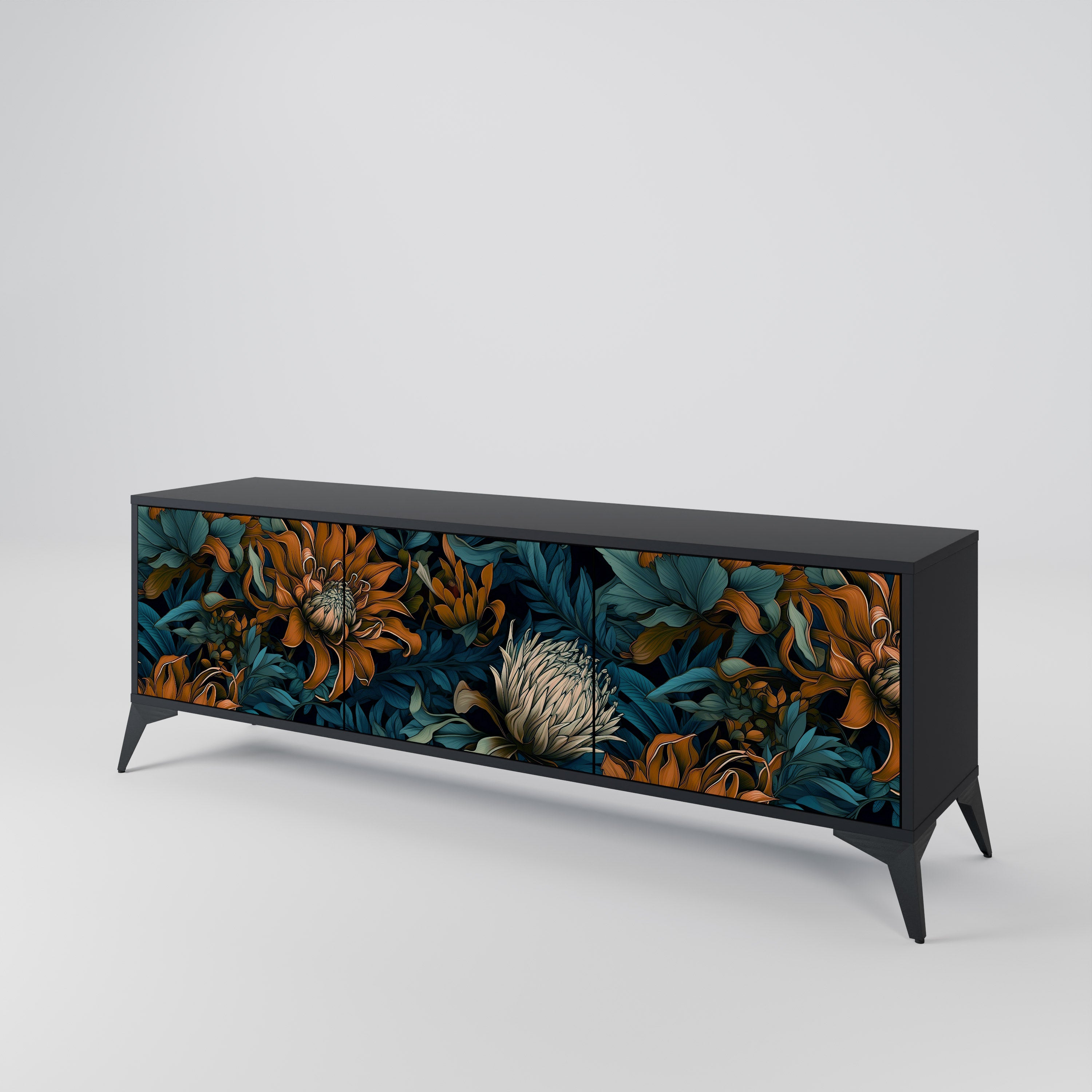 MORNING BLOOM 3-Door TV Stand in Black Finish