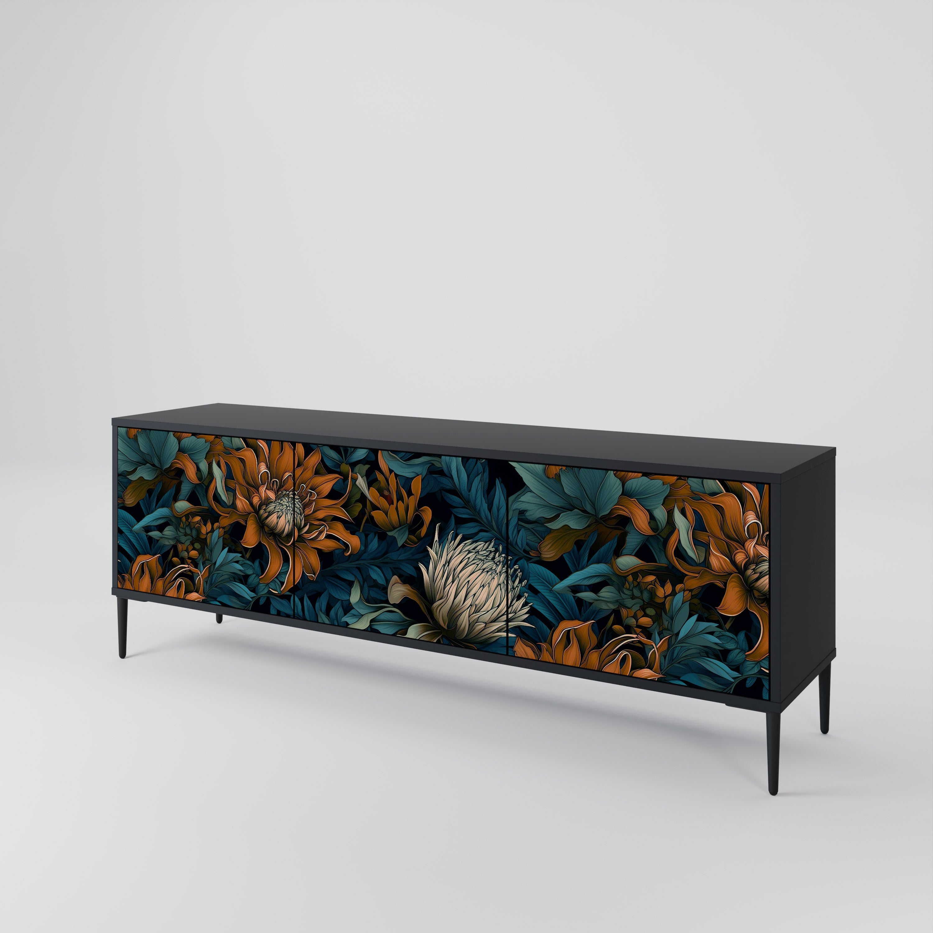 MORNING BLOOM 3-Door TV Stand in Black Finish