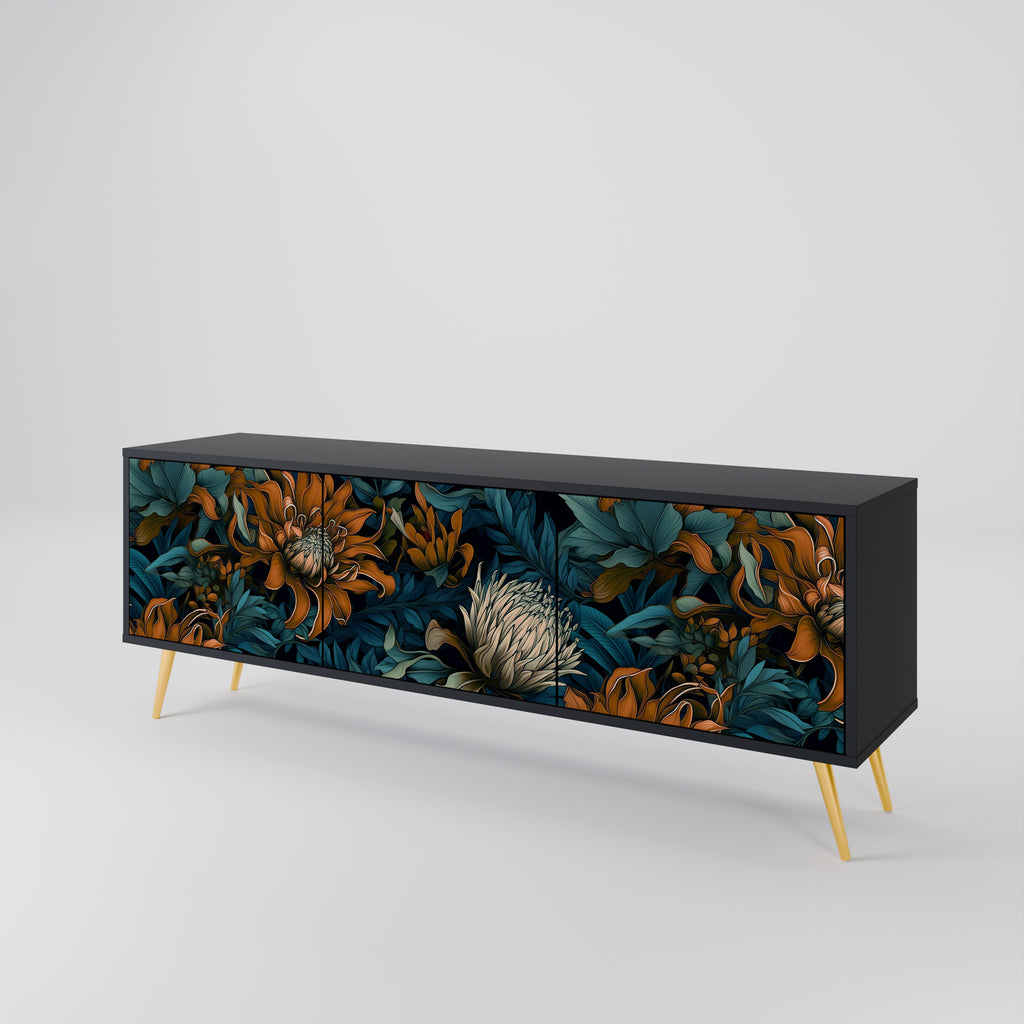 MORNING BLOOM 3-Door TV Stand in Black Finish