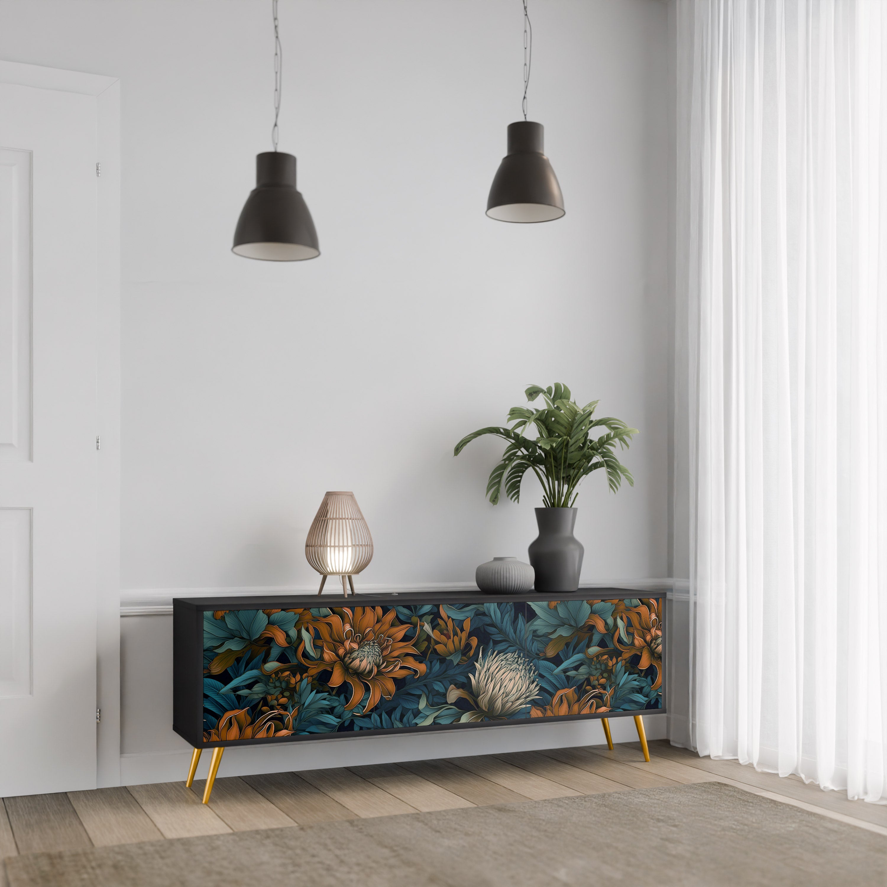 MORNING BLOOM 3-Door TV Stand in Black Finish