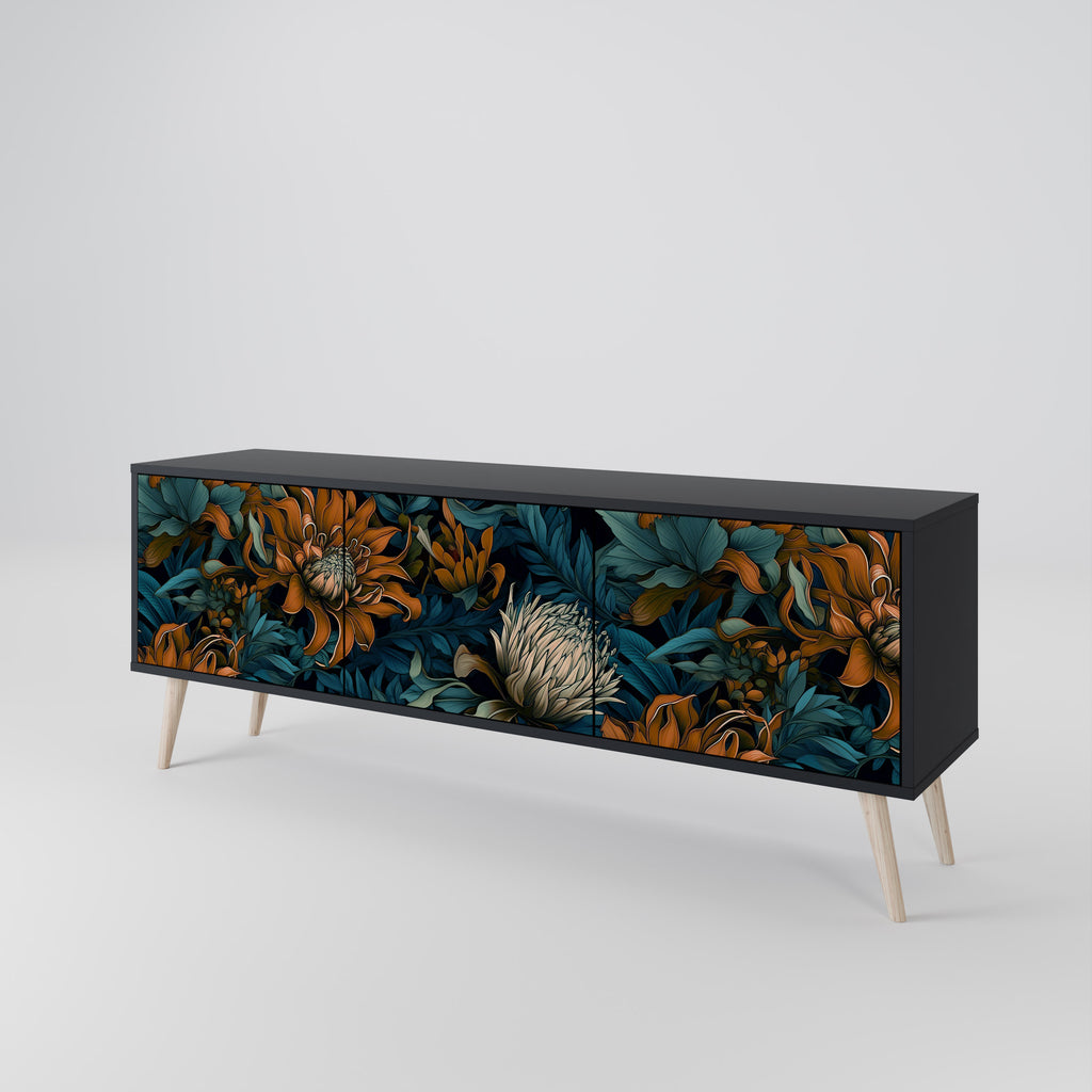 MORNING BLOOM 3-Door TV Stand in Black Finish