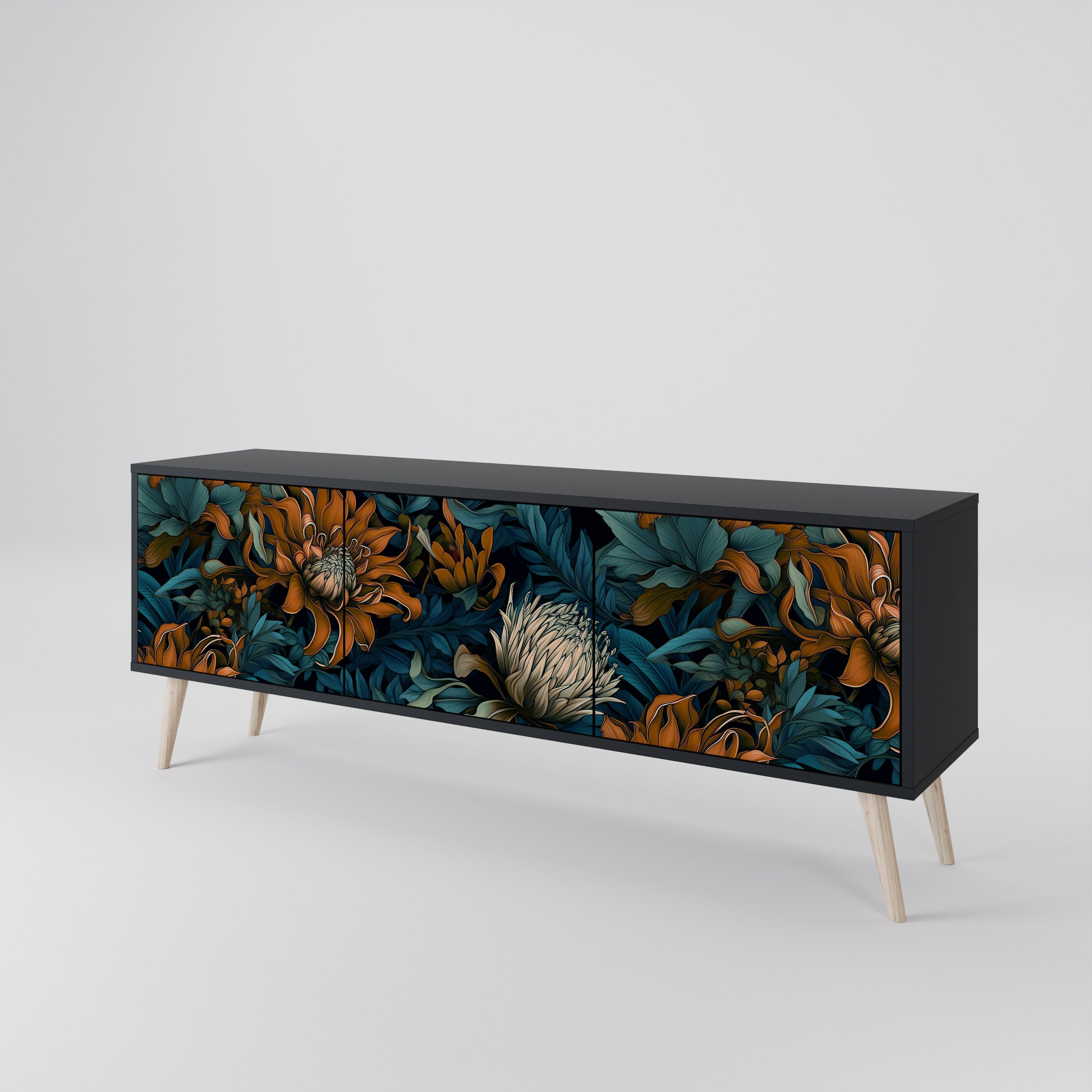 MORNING BLOOM 3-Door TV Stand in Black Finish