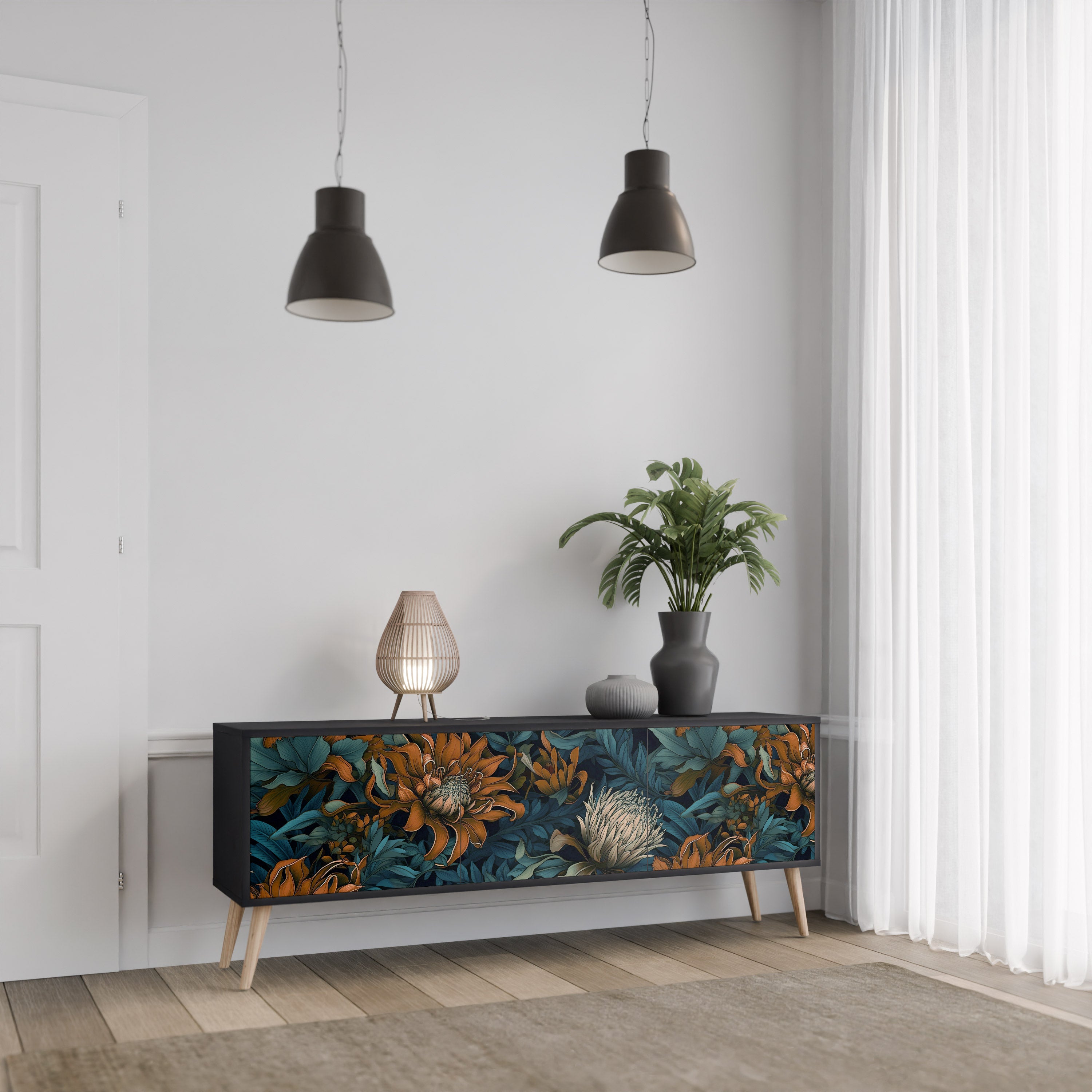 MORNING BLOOM 3-Door TV Stand in Black Finish