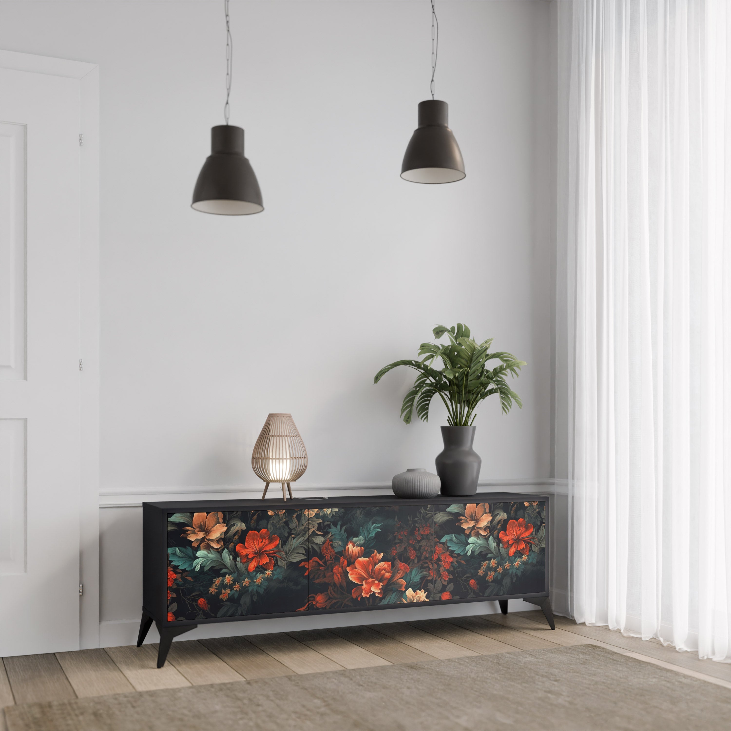 IMAGINARY BLOSSOM 3-Door TV Stand in Black Finish