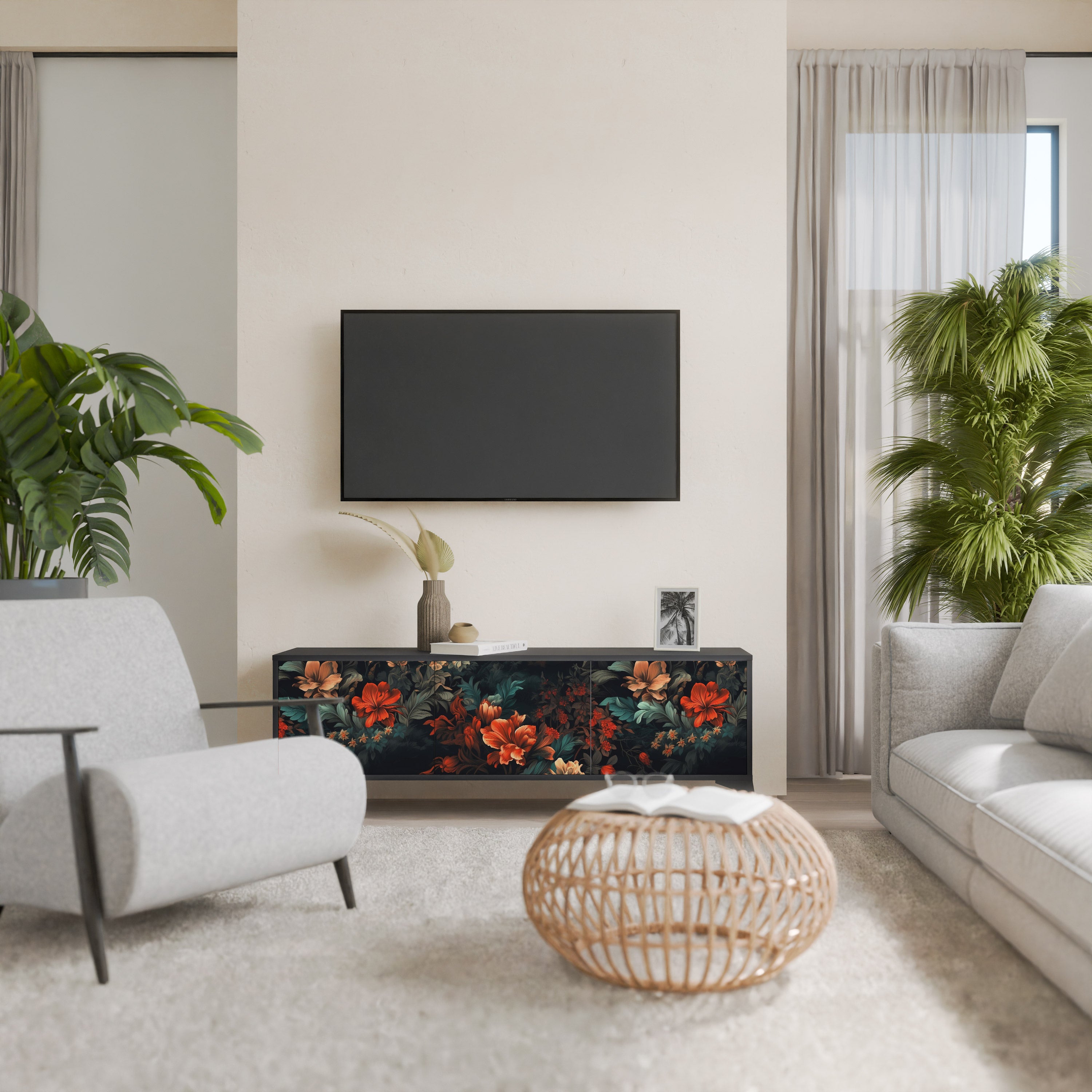 IMAGINARY BLOSSOM 3-Door TV Stand in Black Finish