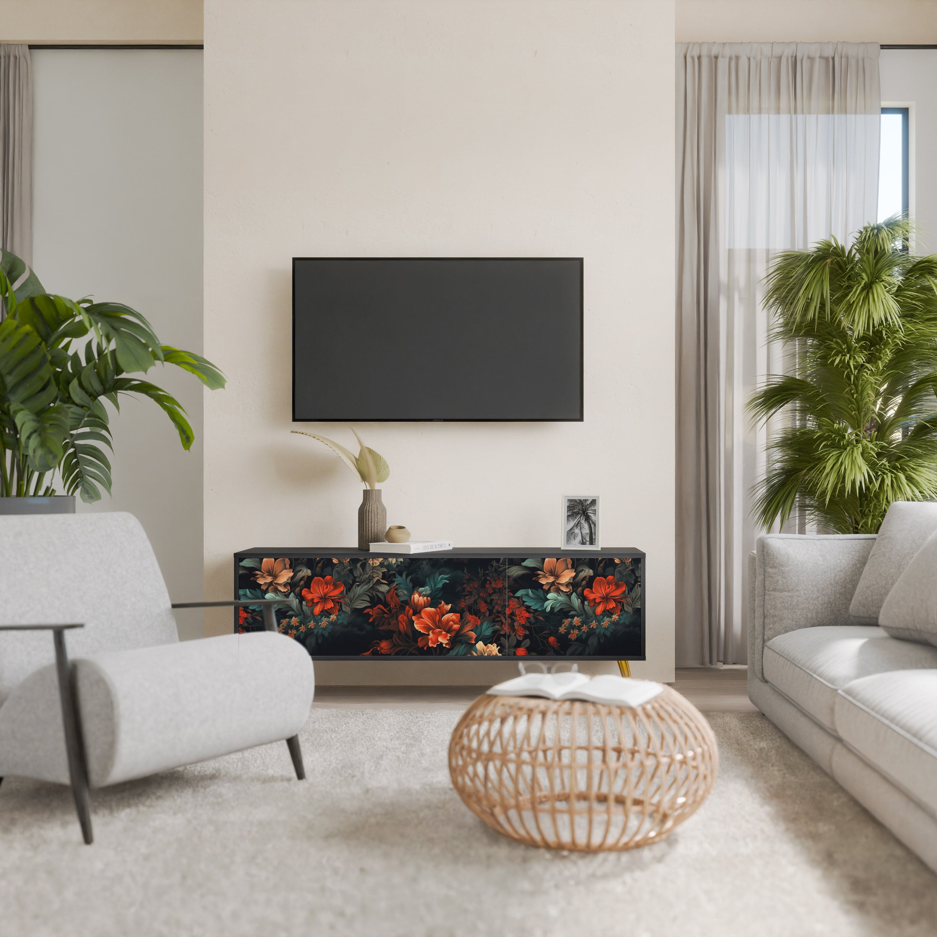 IMAGINARY BLOSSOM 3-Door TV Stand in Black Finish