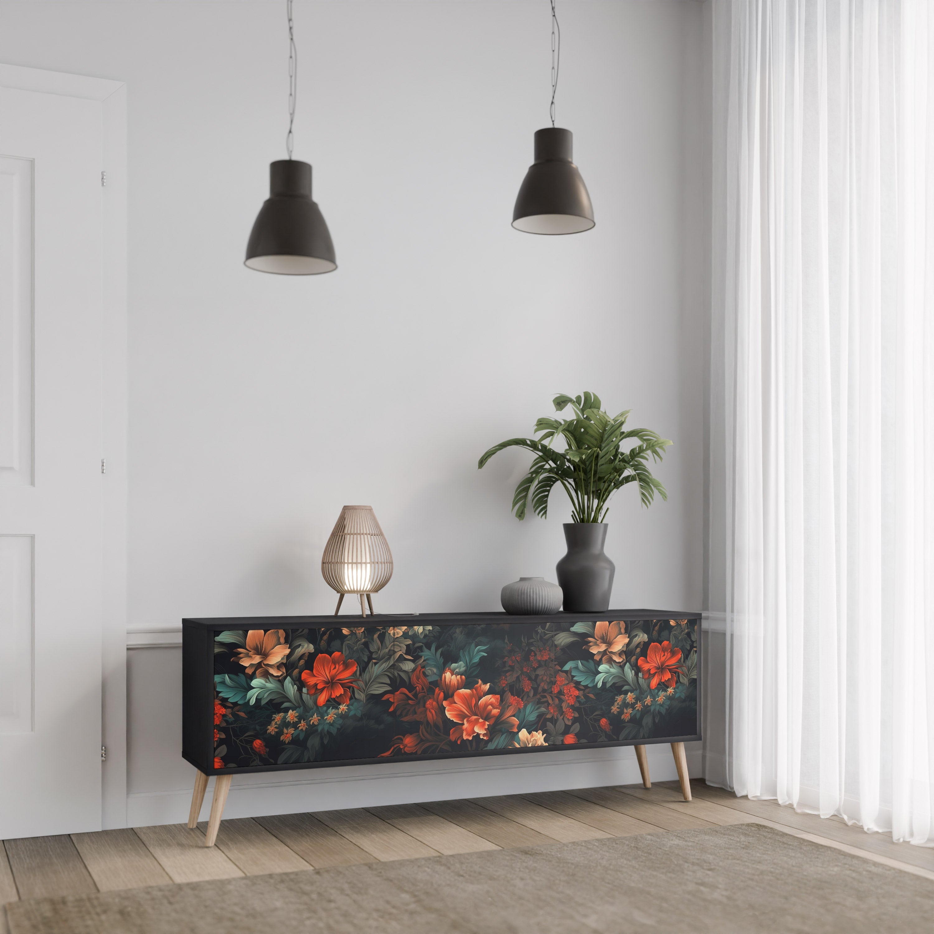 IMAGINARY BLOSSOM 3-Door TV Stand in Black Finish
