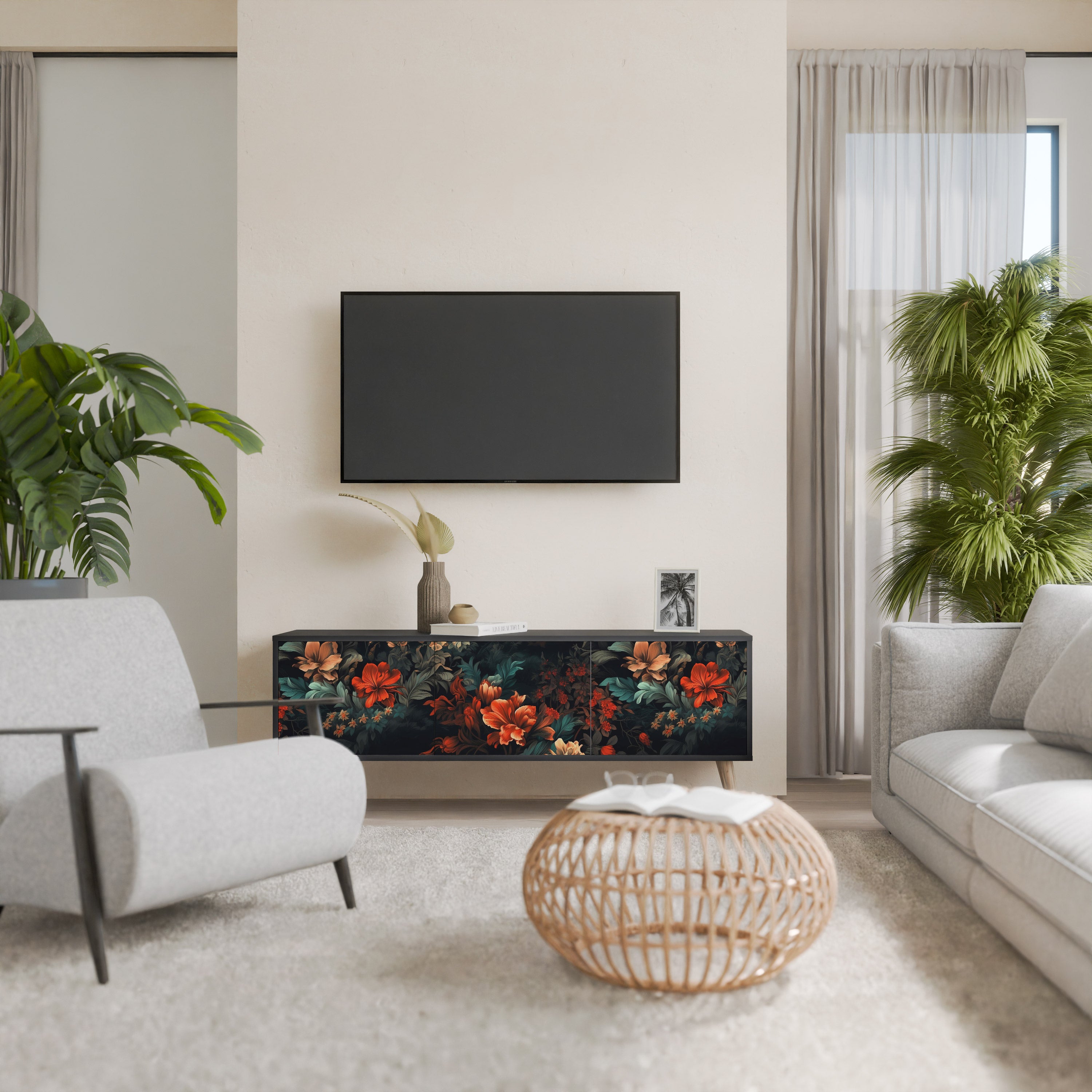 IMAGINARY BLOSSOM 3-Door TV Stand in Black Finish