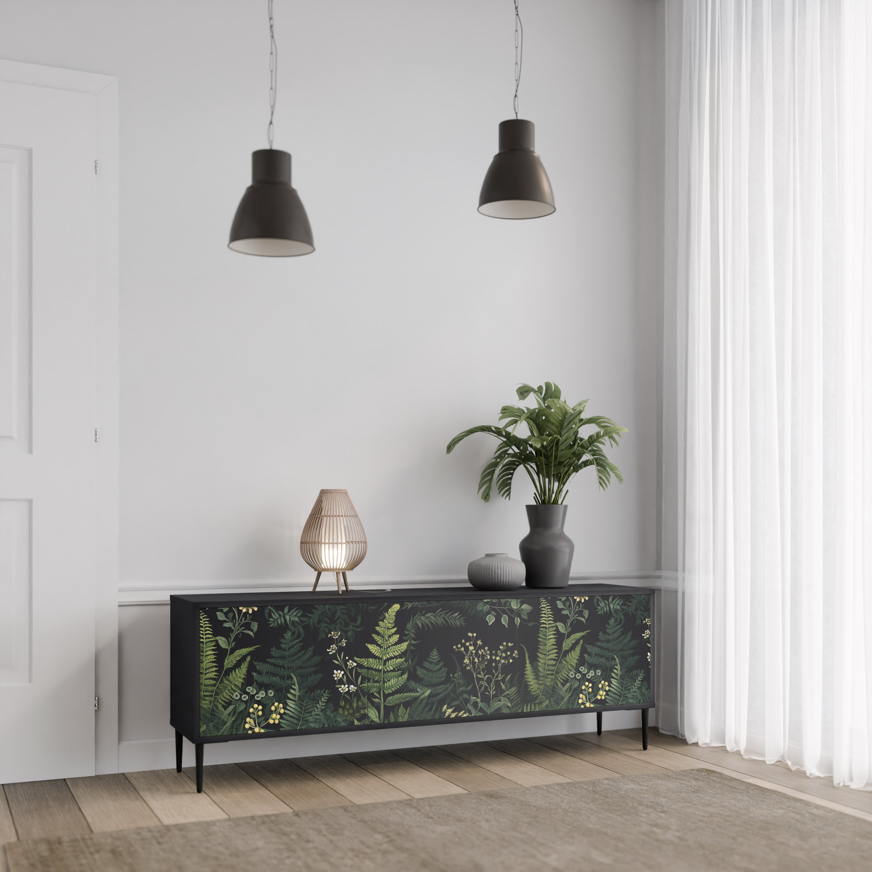 FERN FLOWERS 3-Door TV Stand in Black Finish