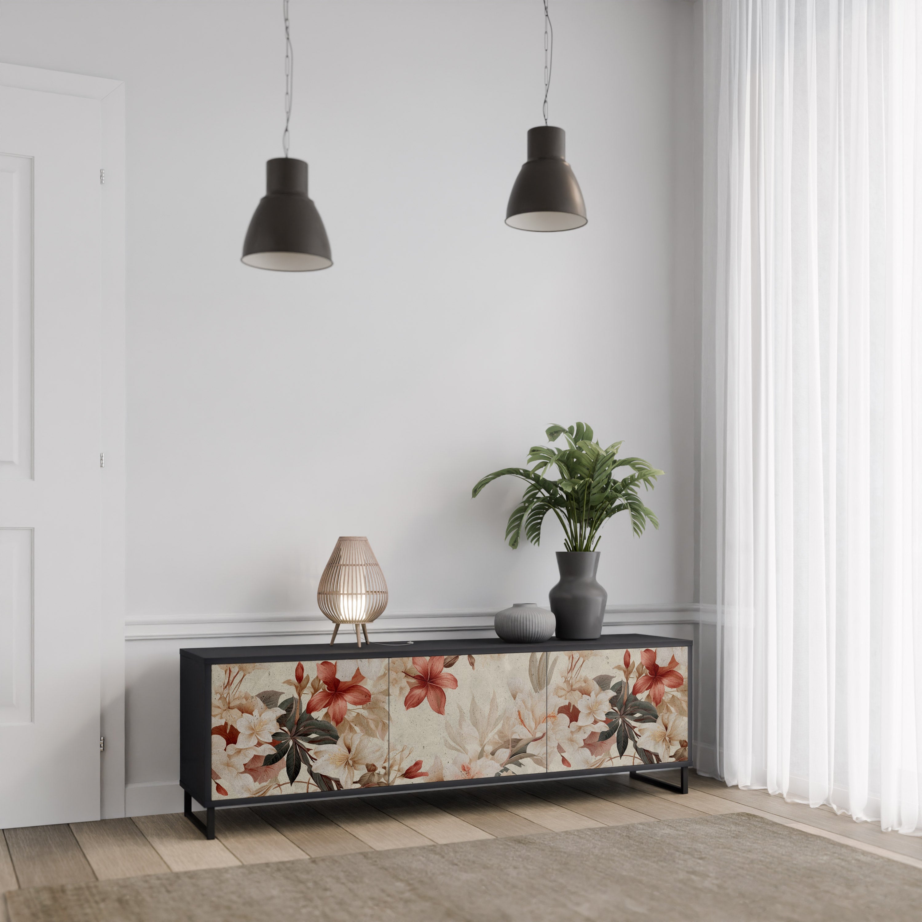 PETAL HARMONY 3-Door TV Stand in Black Finish
