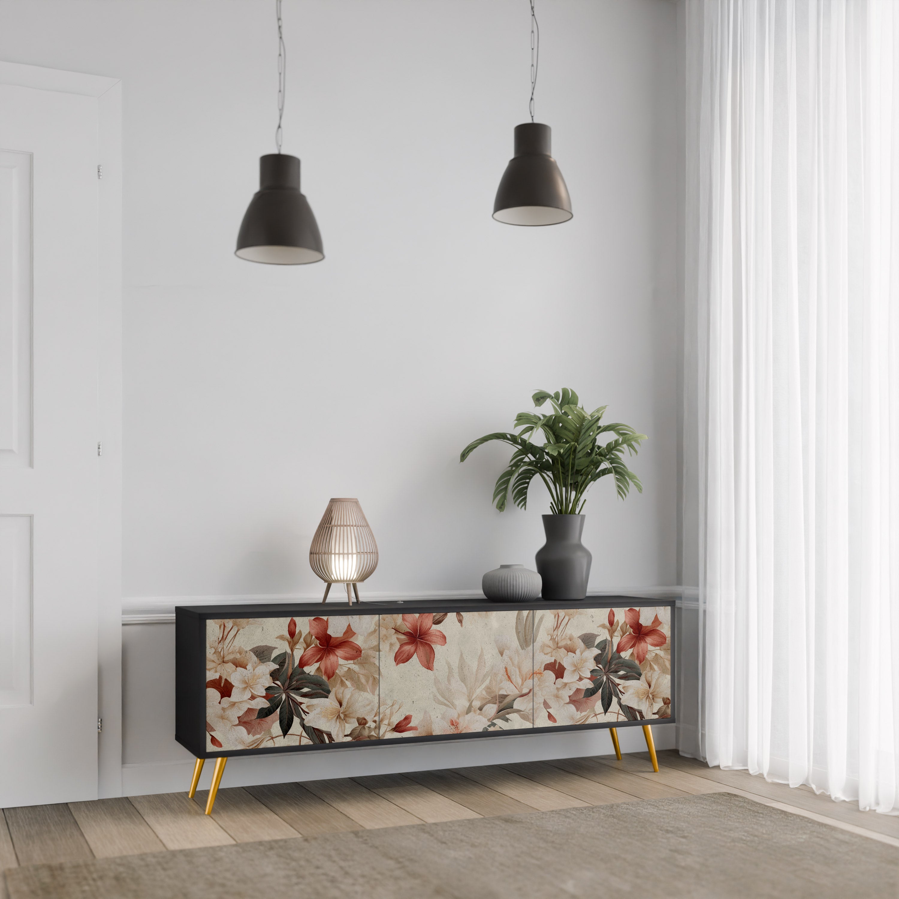 PETAL HARMONY 3-Door TV Stand in Black Finish