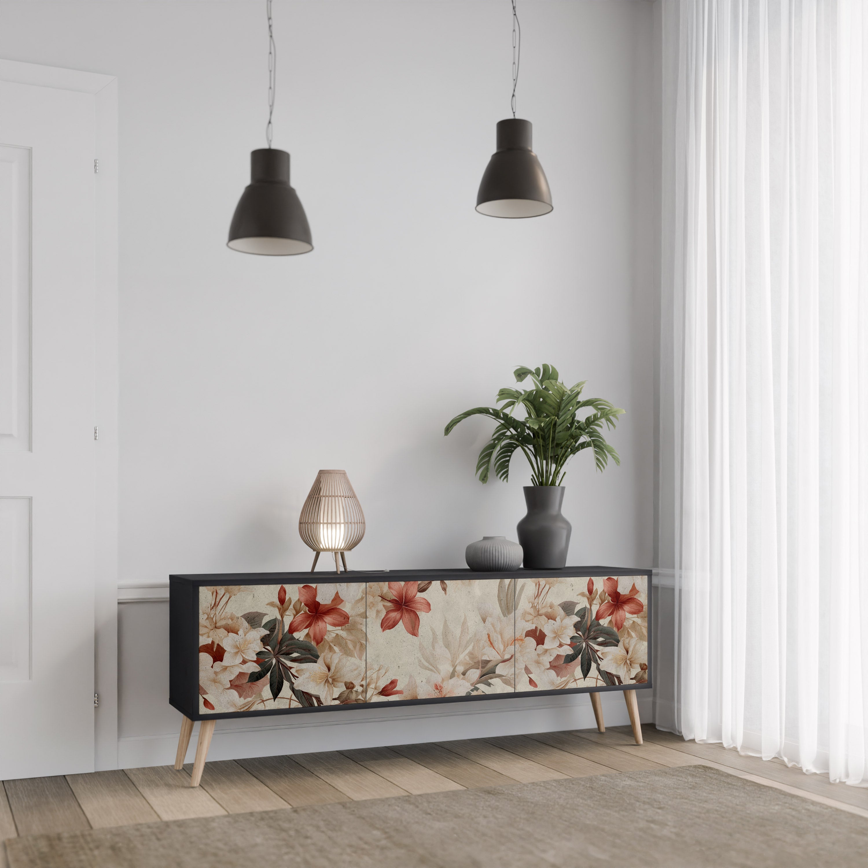 PETAL HARMONY 3-Door TV Stand in Black Finish