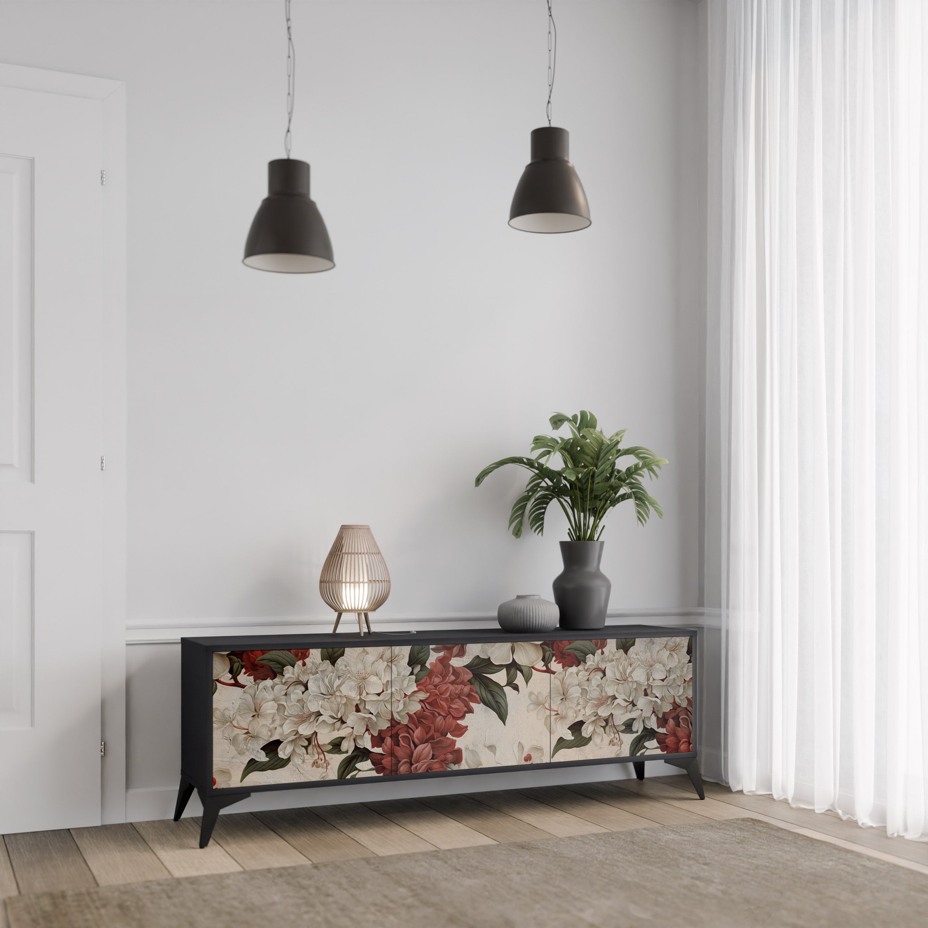 Mueble de TV de 3 puertas EPHEMERAL DAYS en acabado negro