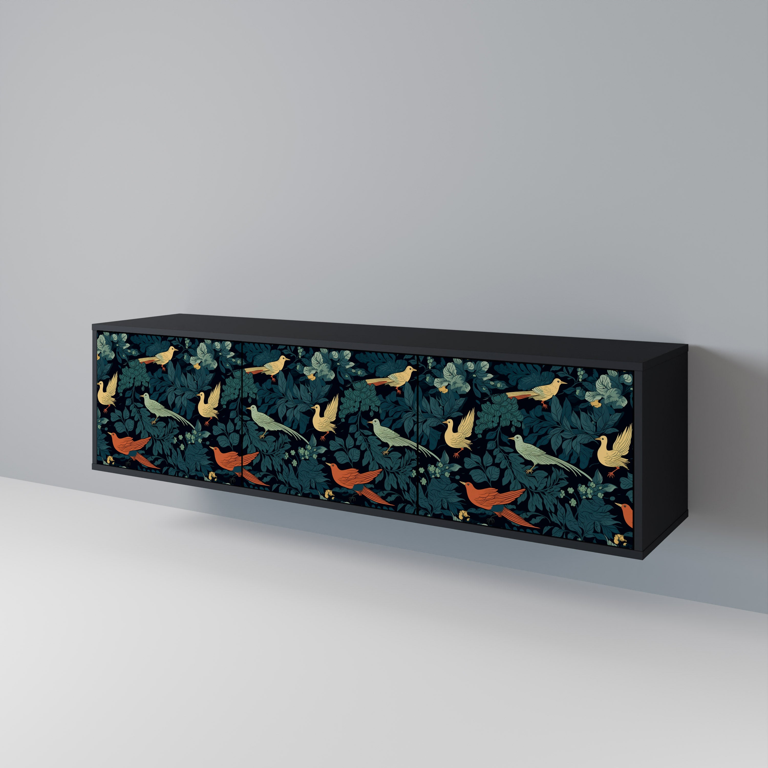 Mueble de TV de 3 puertas FOWL ORNAMENT con acabado negro