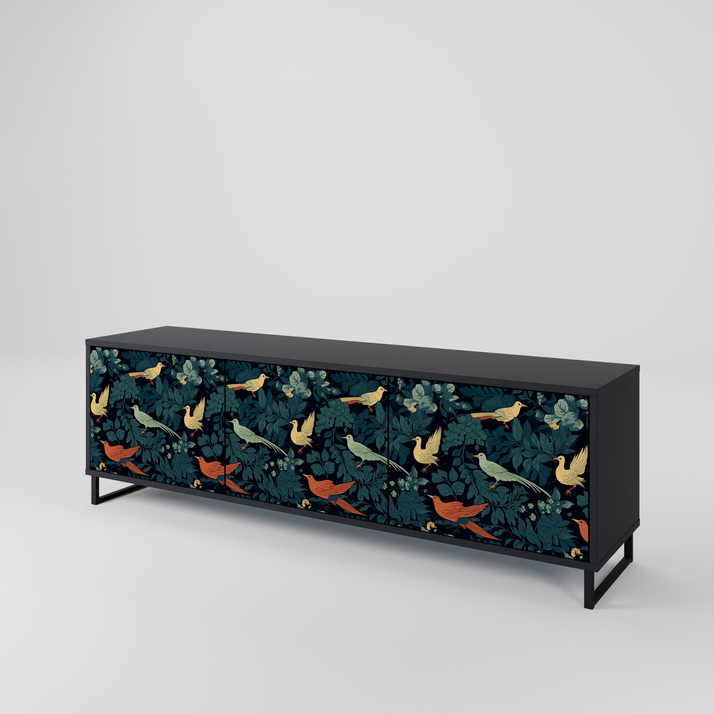 Mueble de TV de 3 puertas FOWL ORNAMENT con acabado negro