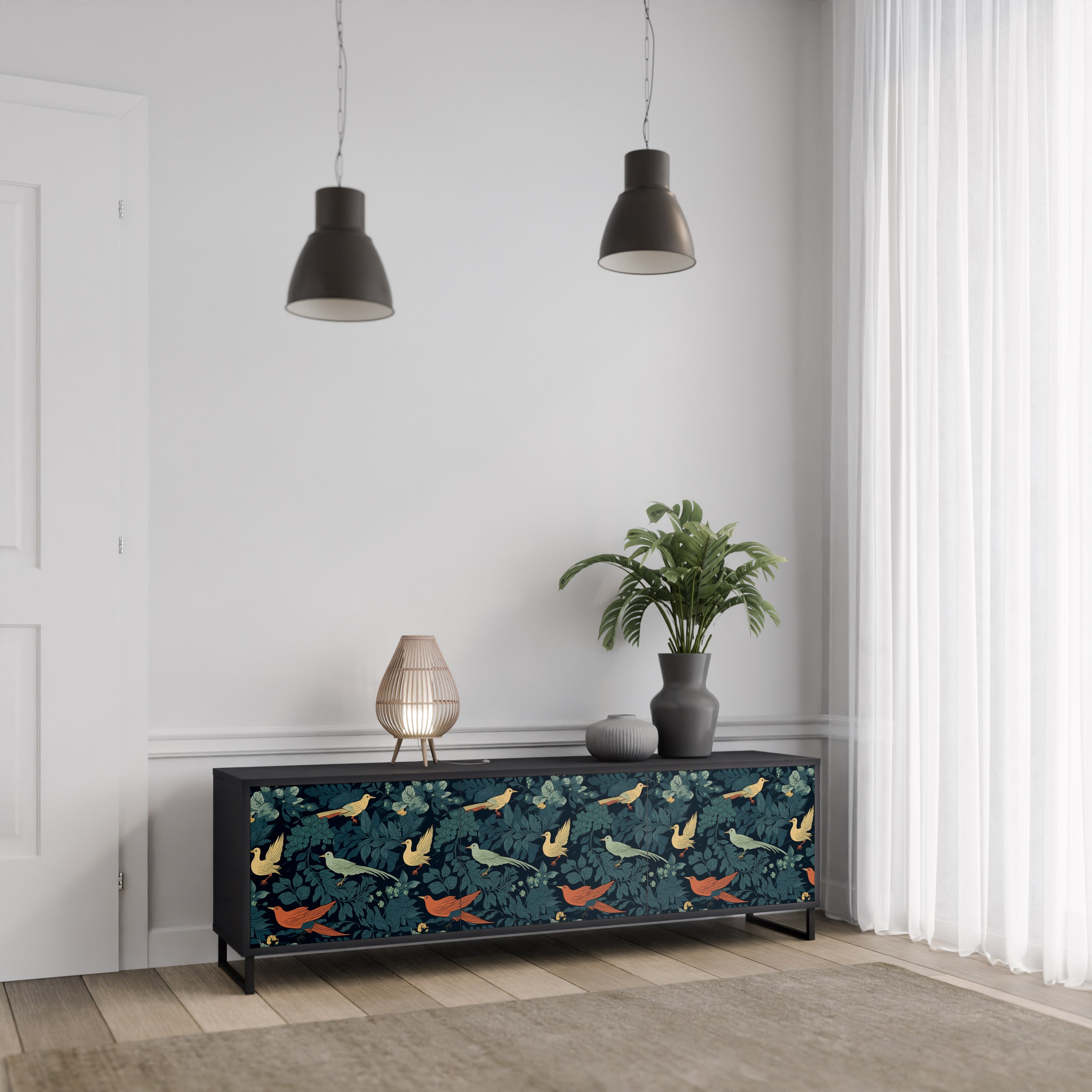 Mueble de TV de 3 puertas FOWL ORNAMENT con acabado negro