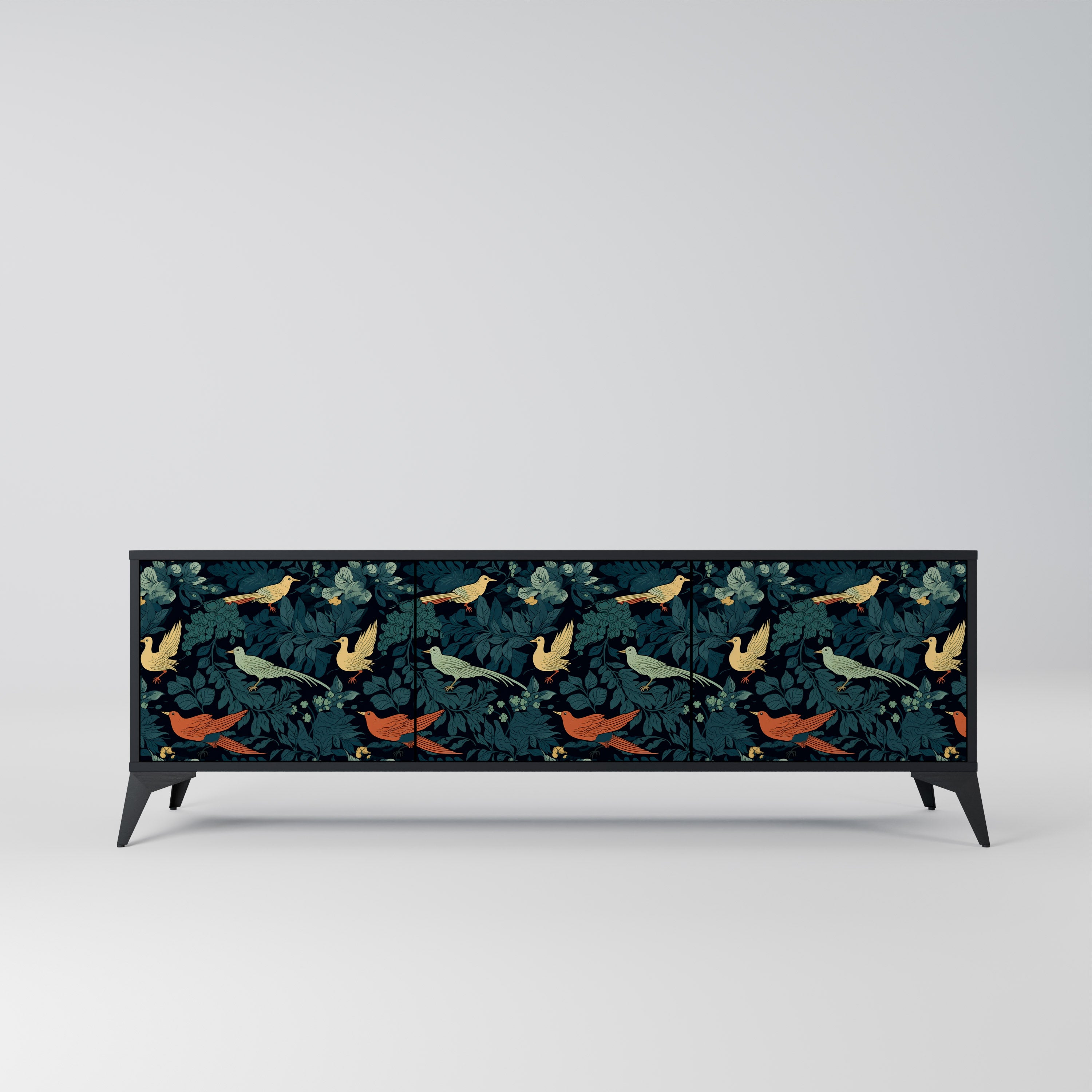 Mueble de TV de 3 puertas FOWL ORNAMENT con acabado negro
