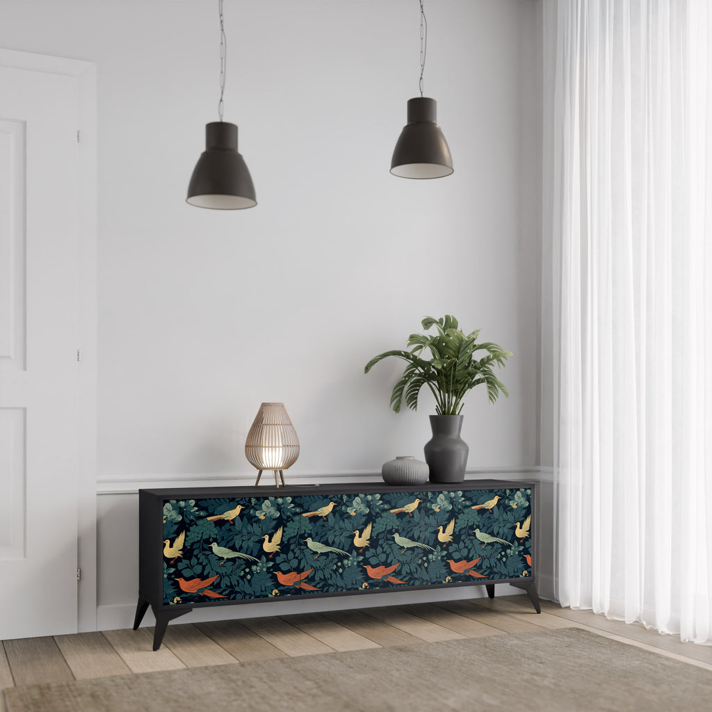 Mueble de TV de 3 puertas FOWL ORNAMENT con acabado negro