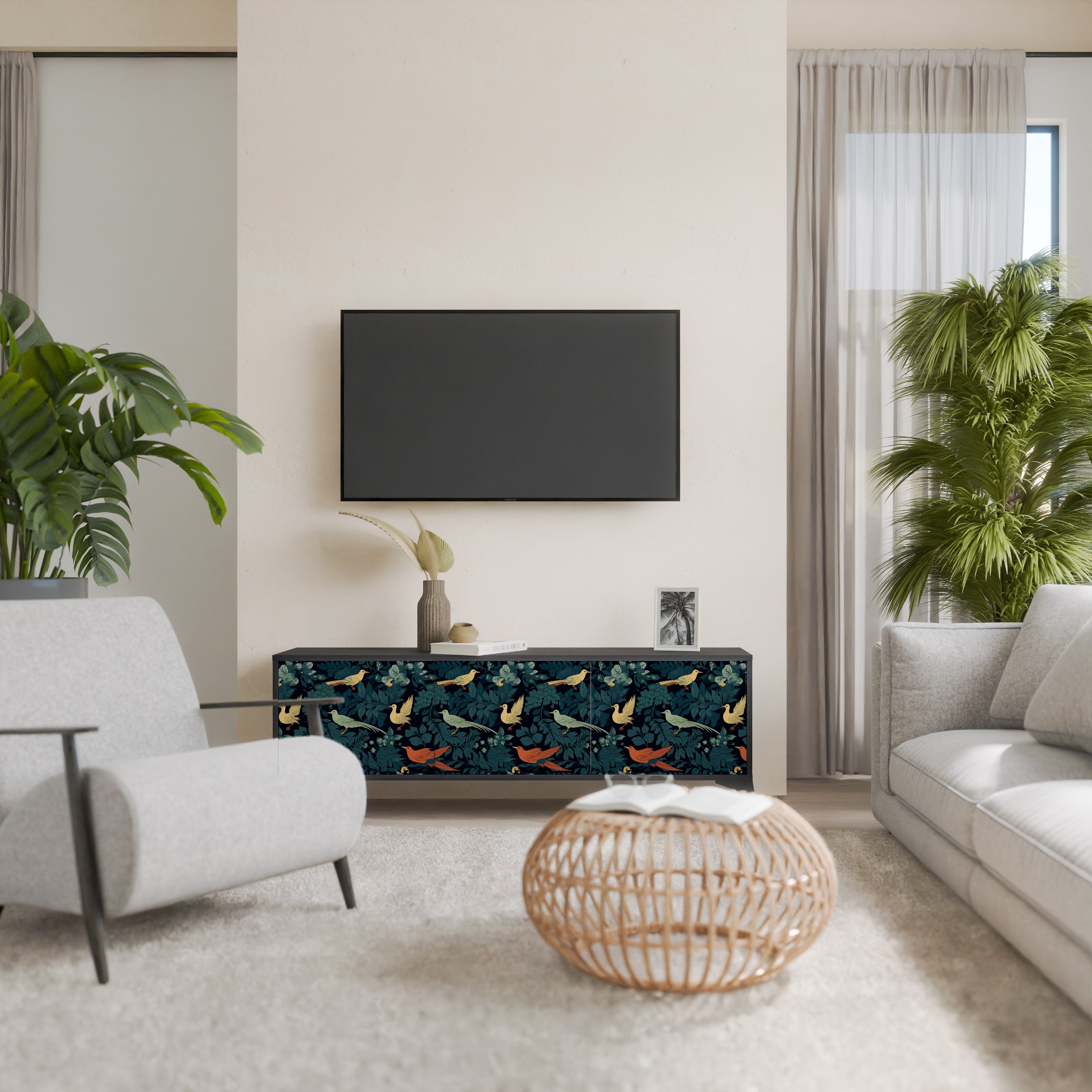 Mueble de TV de 3 puertas FOWL ORNAMENT con acabado negro