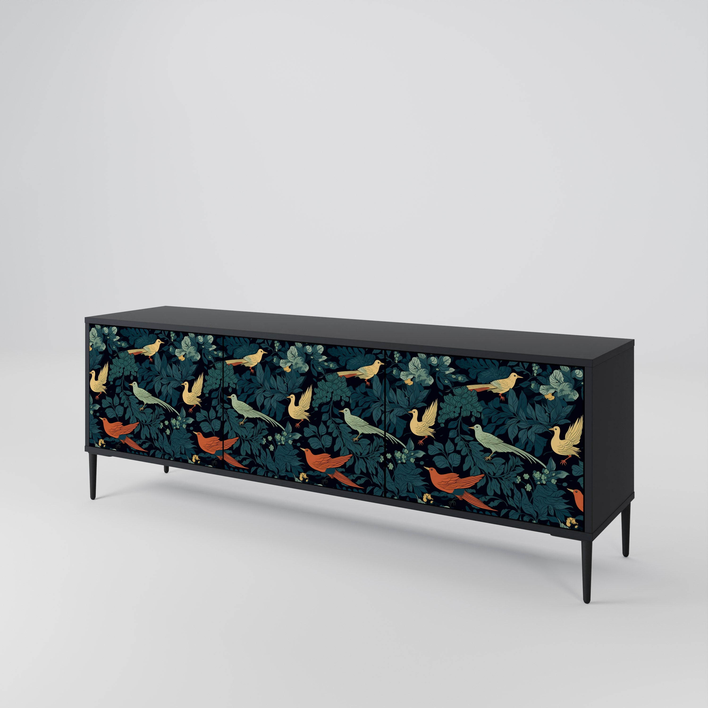 Mueble de TV de 3 puertas FOWL ORNAMENT con acabado negro