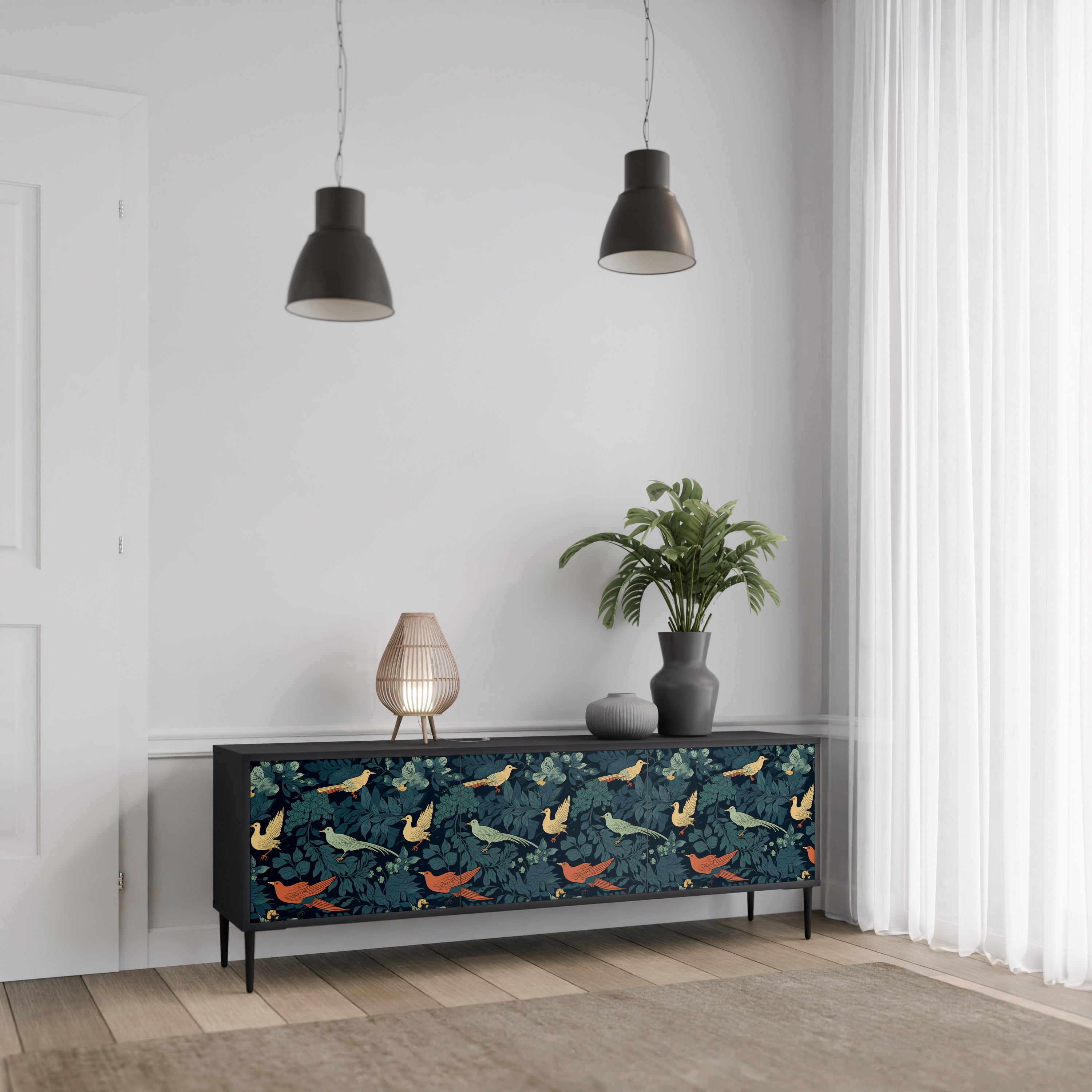 Mueble de TV de 3 puertas FOWL ORNAMENT con acabado negro