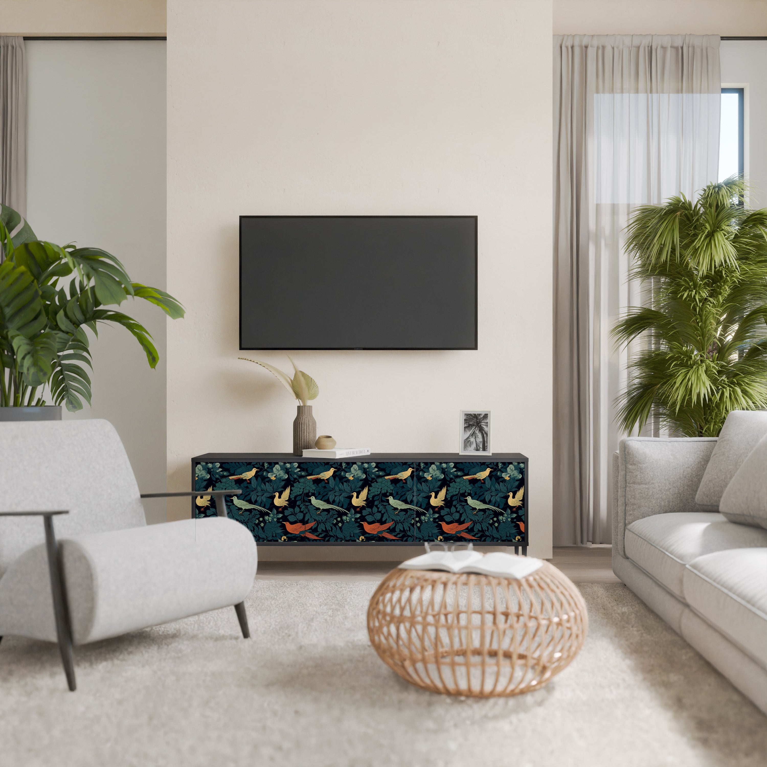 Mueble de TV de 3 puertas FOWL ORNAMENT con acabado negro