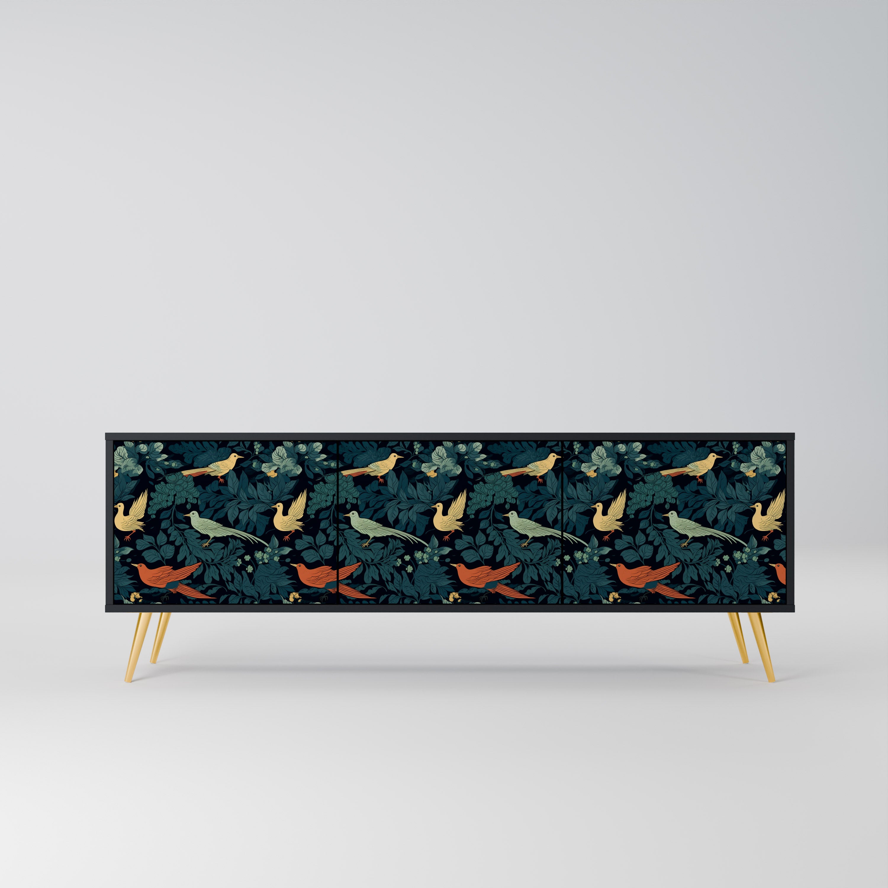 Mueble de TV de 3 puertas FOWL ORNAMENT con acabado negro